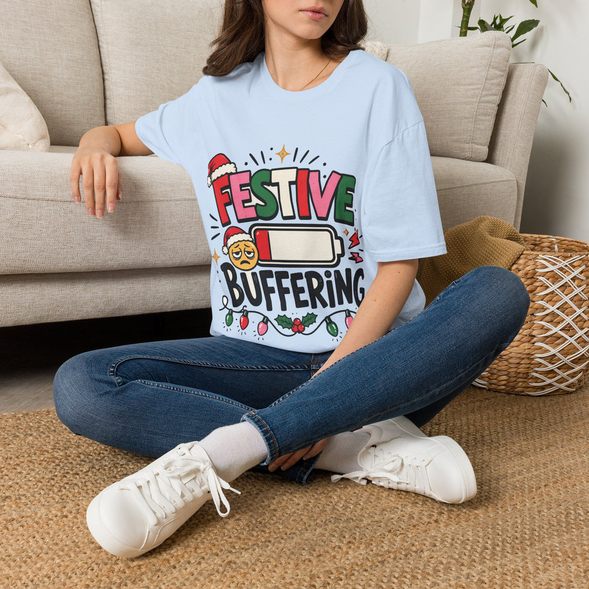 Festive Buffering T-Shirt — Funny Holiday Christmas Tee with Loading Battery Design