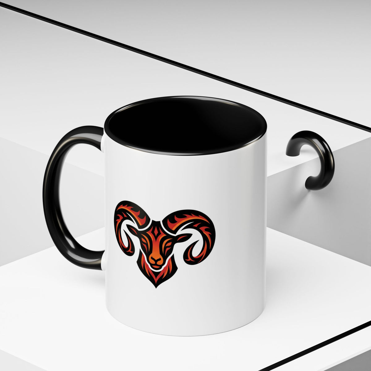 Aries Zodiac Ram Logo Accent Coffee Mug — Bold Tribal Ram Head Design