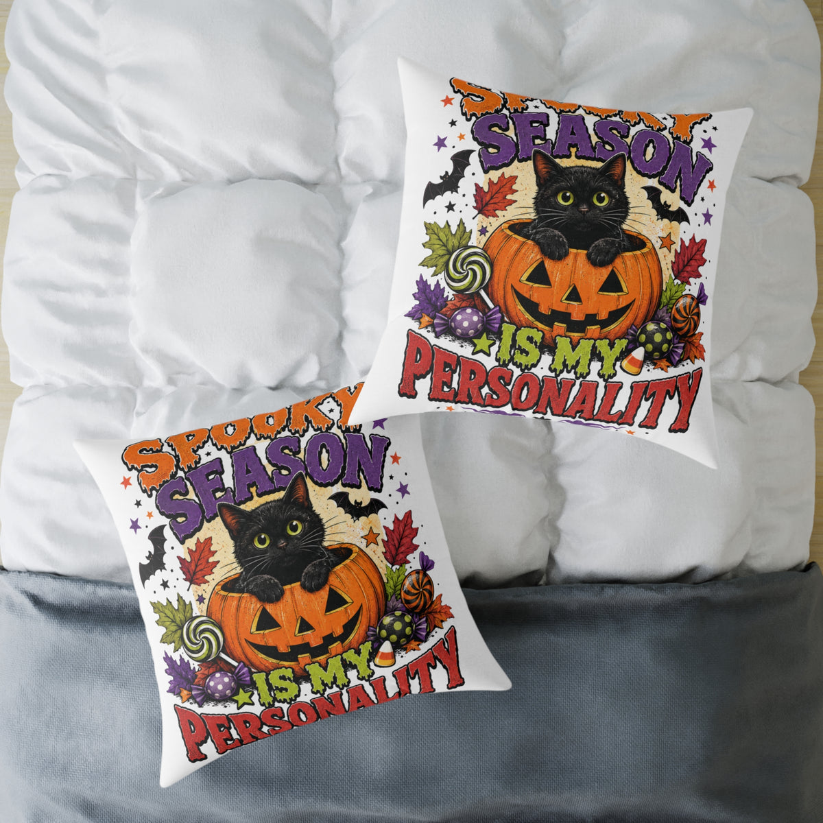 Halloween Pillow — "Season Is My Personality" Black Cat Pumpkin Decorative Throw Pillow