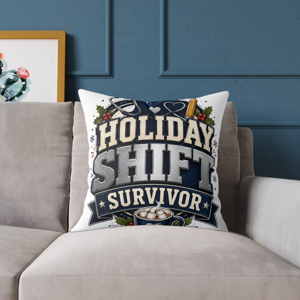 Modern Day Christmas Holiday Shift Survivor Square Poly Canvas Pillow