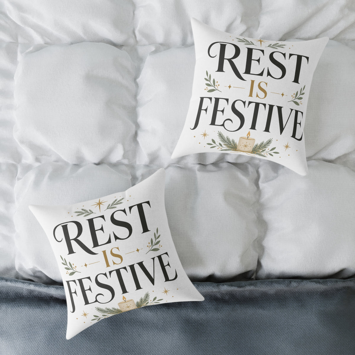 Modern Day Christmas Festive Rest Decorative Pillow – Holiday Throw Pillow with "Rest Is Festive" Design