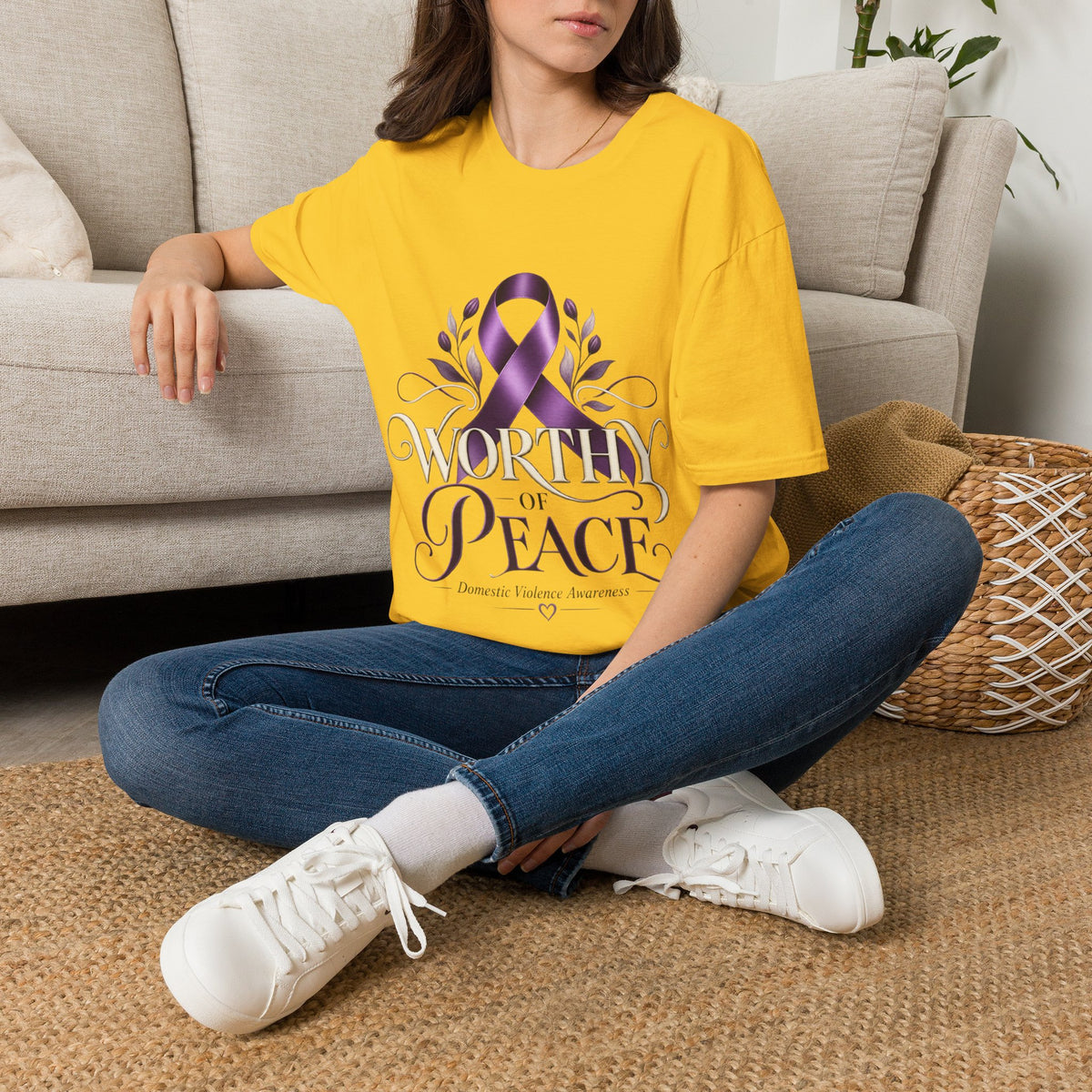 Worthy of Peace Purple Ribbon Domestic Violence  Awareness T-Shirt