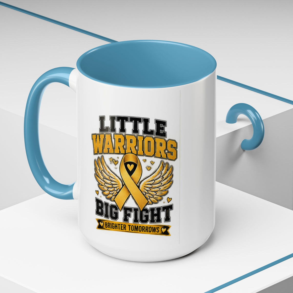 Little Warriors Big Fight Childhood Cancer Awareness Coffee Mug — Gold Ribbon Support Accent Mug