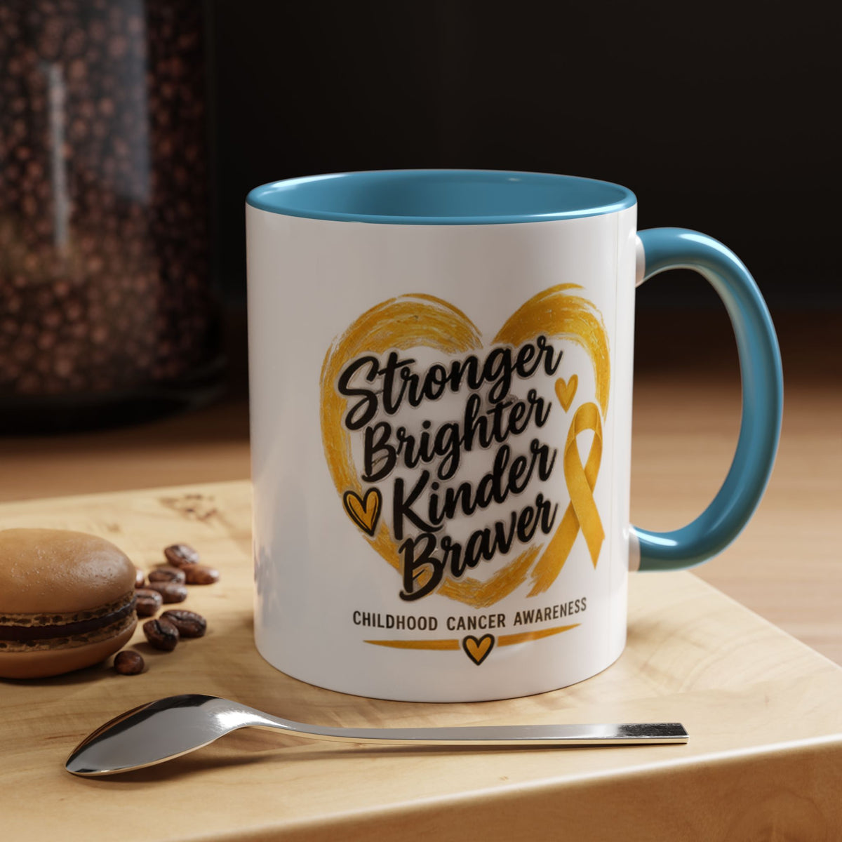 Childhood Cancer Awareness Accent Coffee Mug — "Stronger Brighter Kinder Braver"