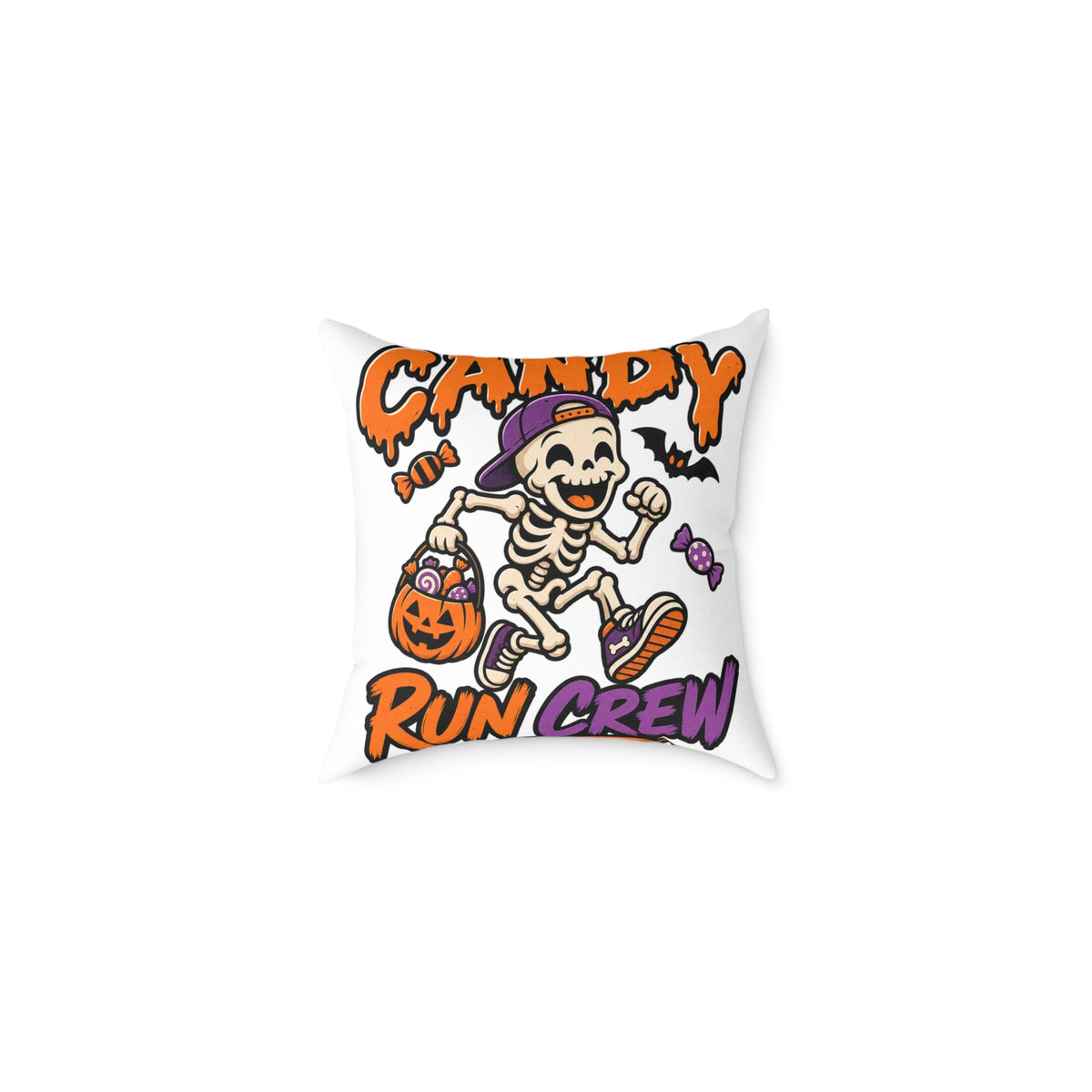 Candy Run Crew Halloween Pillow — Skeleton Trick-or-Treat Decorative Throw Pillow