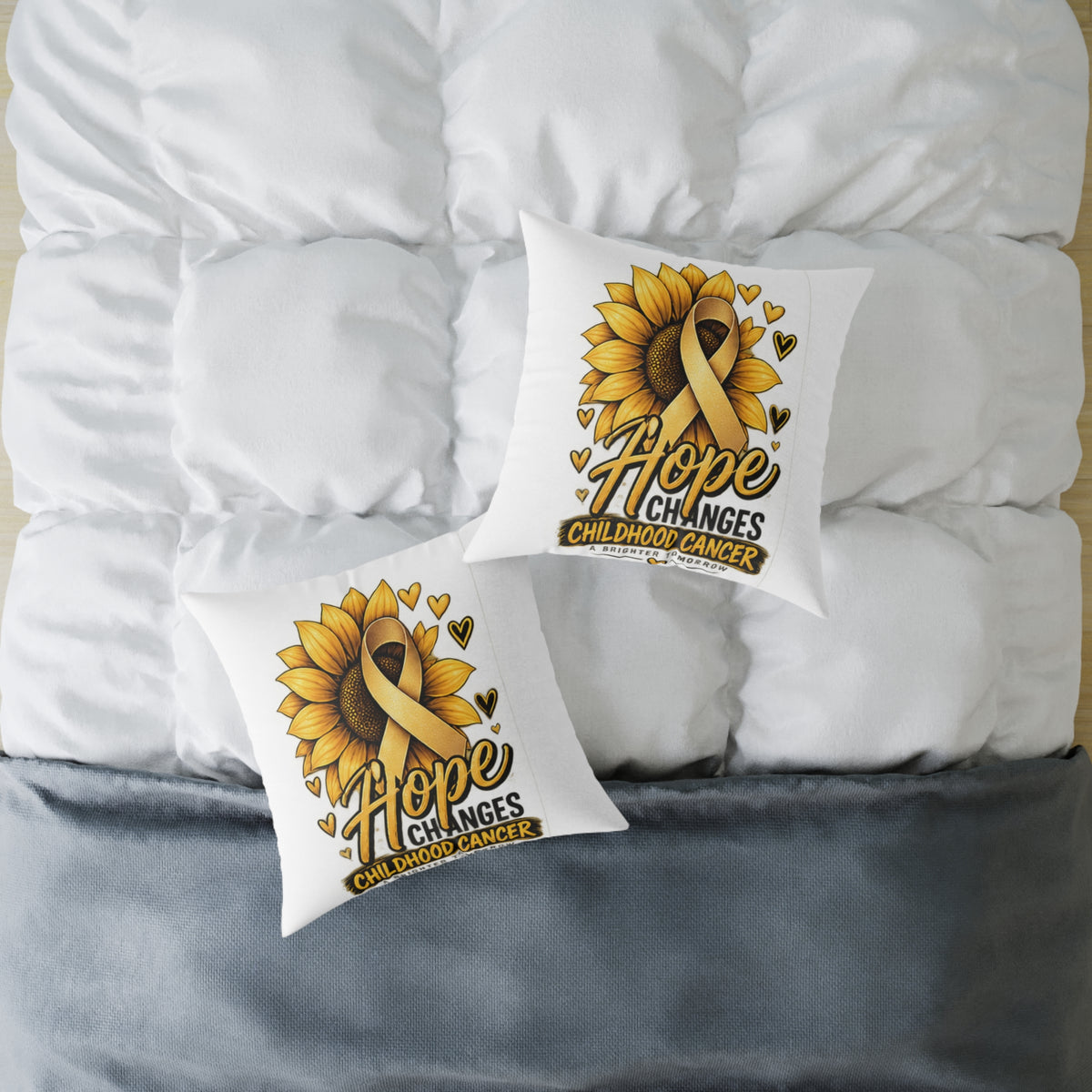 Childhood Cancer Awareness Pillow — 'Hope Changes' Sunflower Ribbon Square Throw Pillow