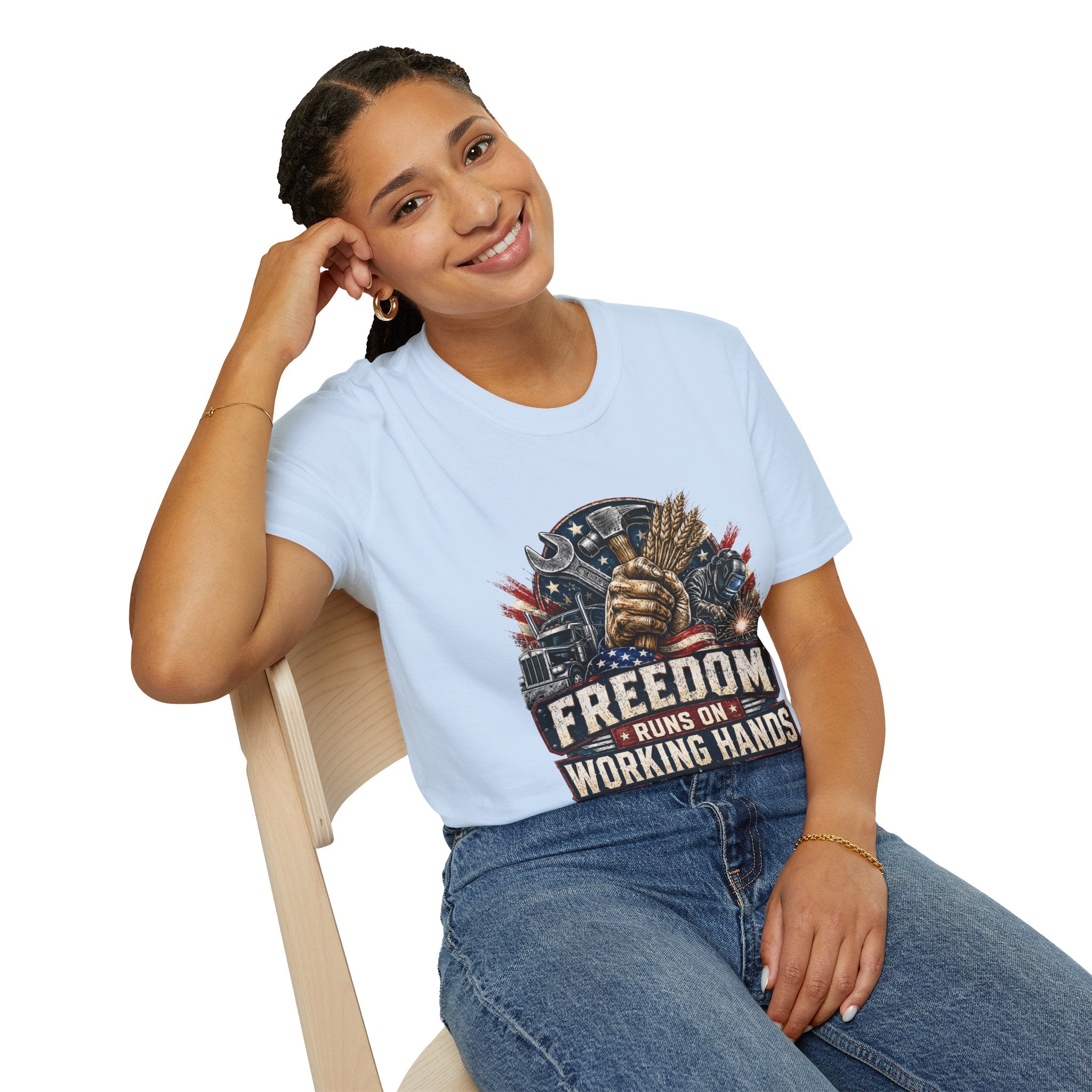 Freedom Runs on Working Hands T-Shirt — Patriotic Mechanic Tool & Wheat Design