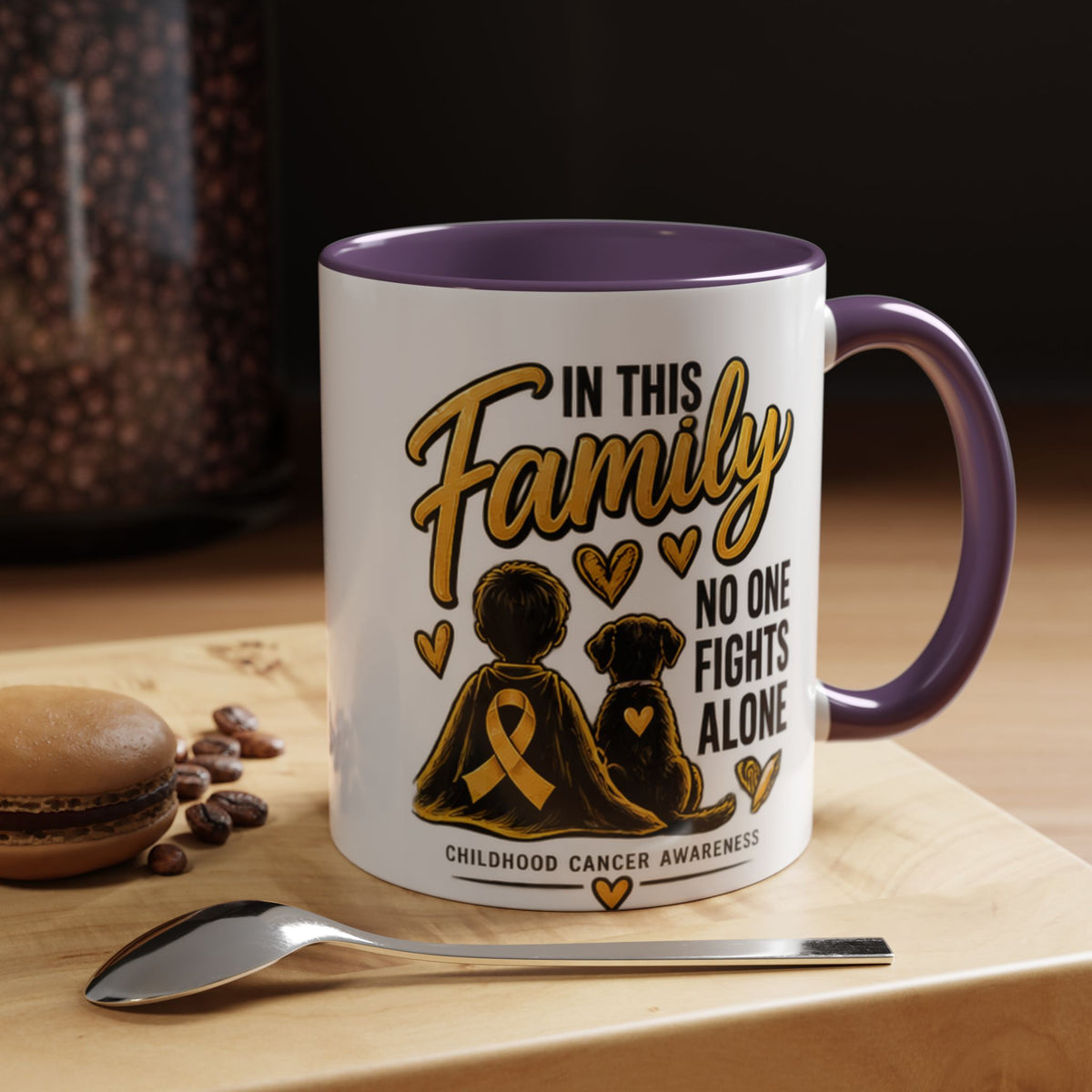 Childhood Cancer Awareness Accent Coffee Mug – "In This Family No One Fights Alone" (11/15oz)