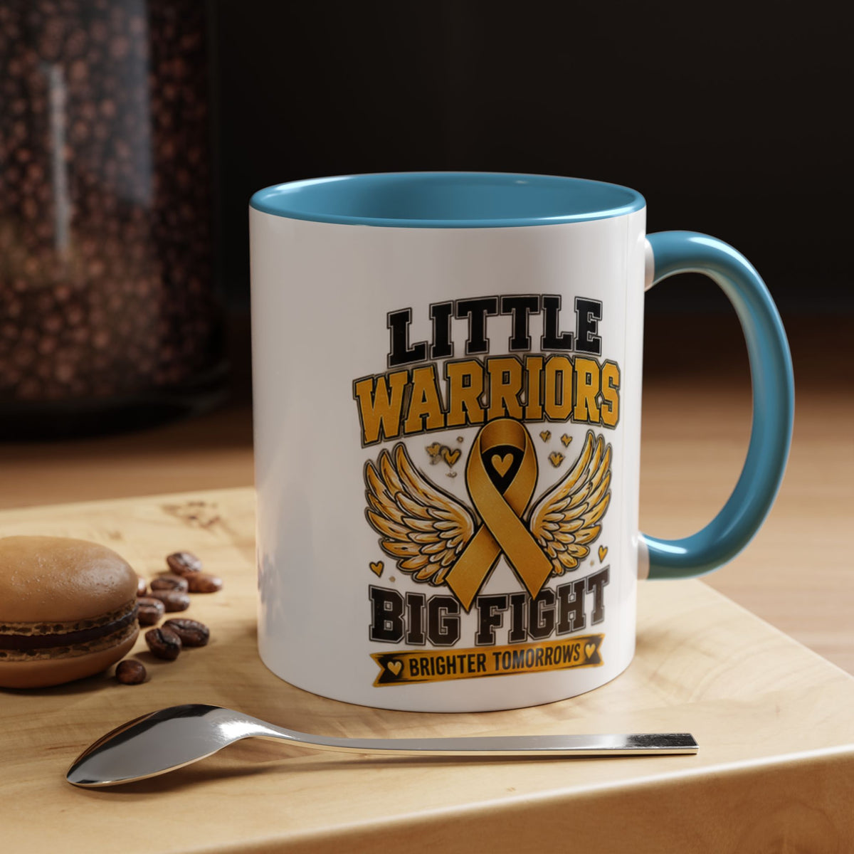 Little Warriors Big Fight Childhood Cancer Awareness Coffee Mug — Gold Ribbon Support Accent Mug