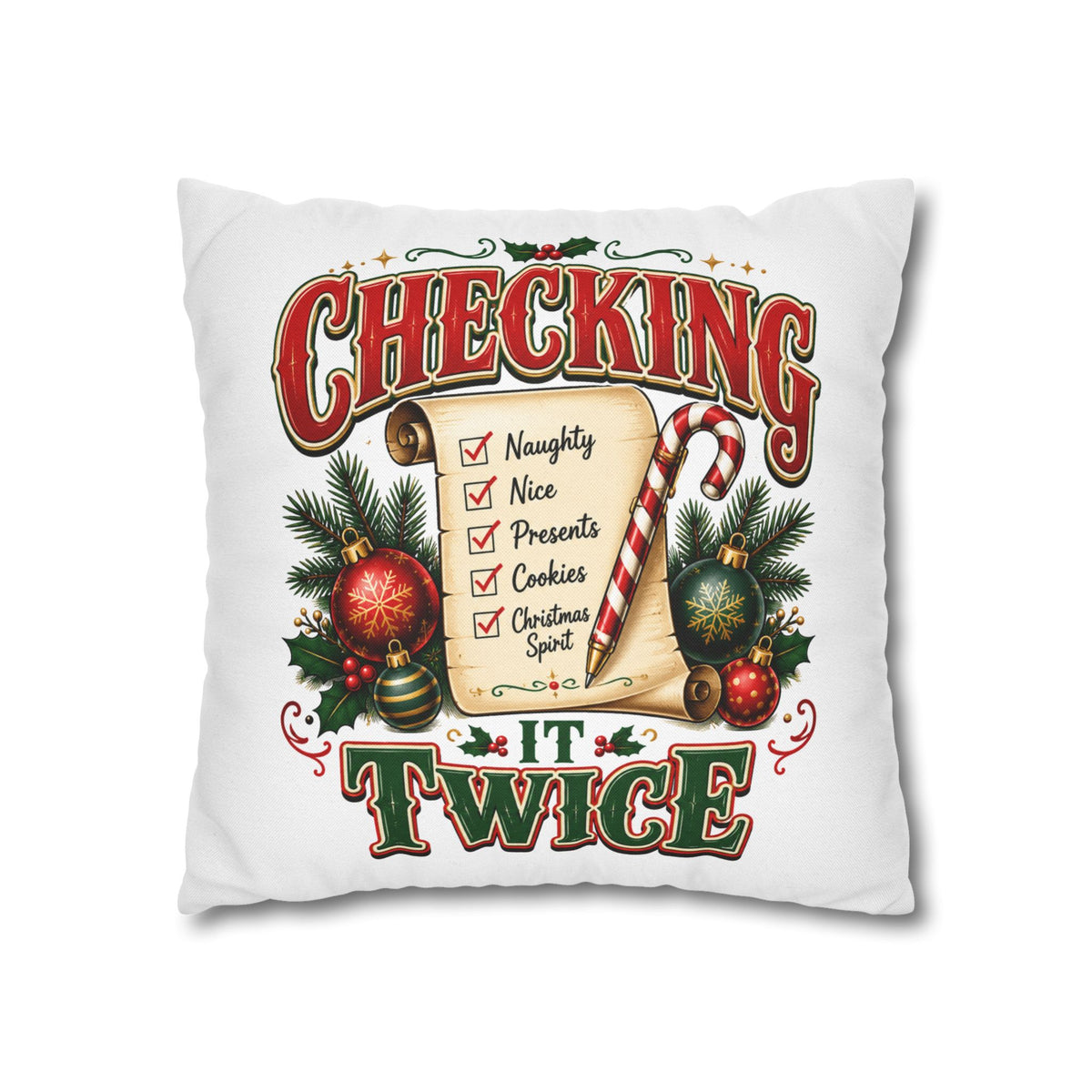 Checking It Twice Christmas Pillowcase — Festive Holiday Checklist Throw Pillow Cover