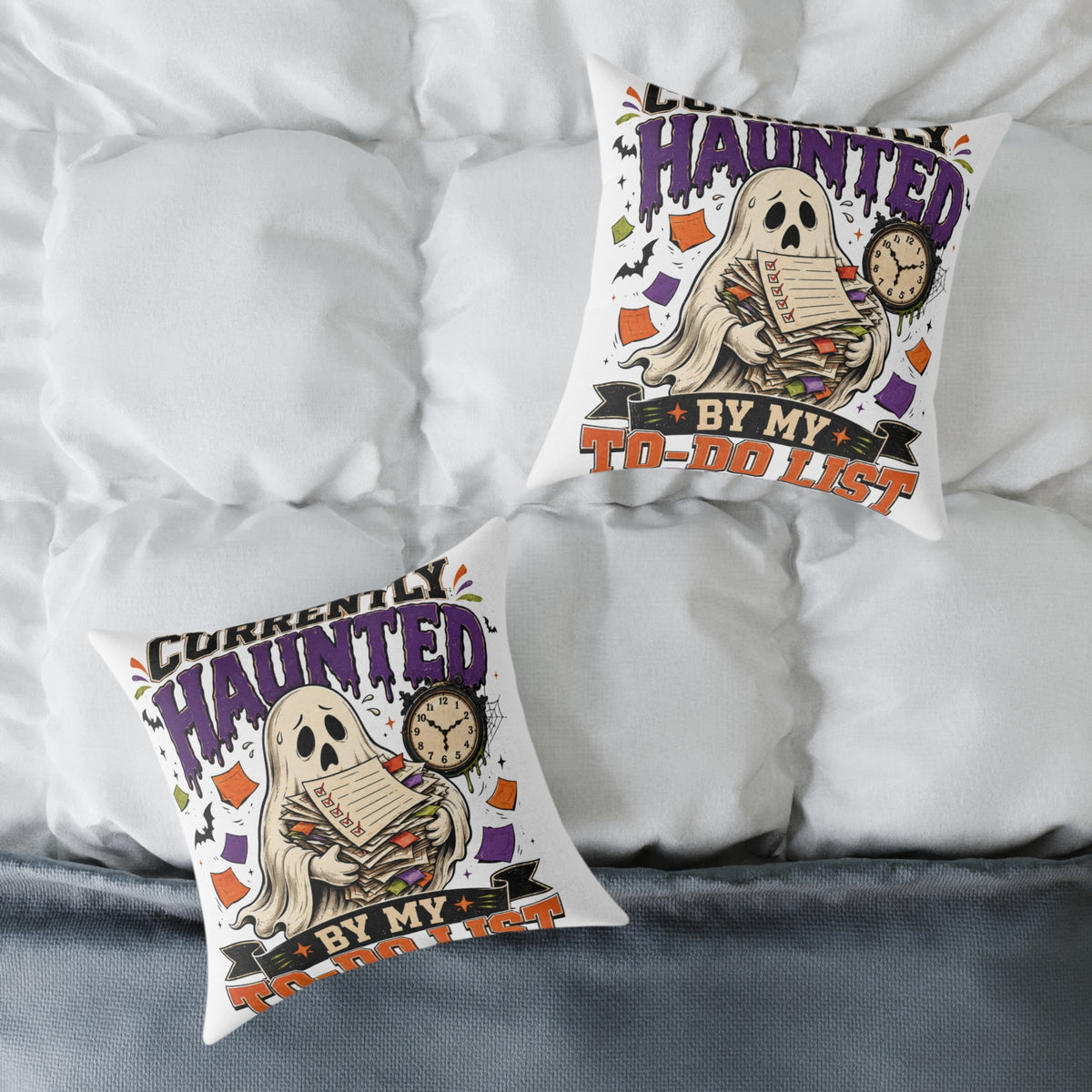 Halloween Haunted By My To-Do List Square Pillow — Funny Halloween Ghost Decorative Throw Pillow