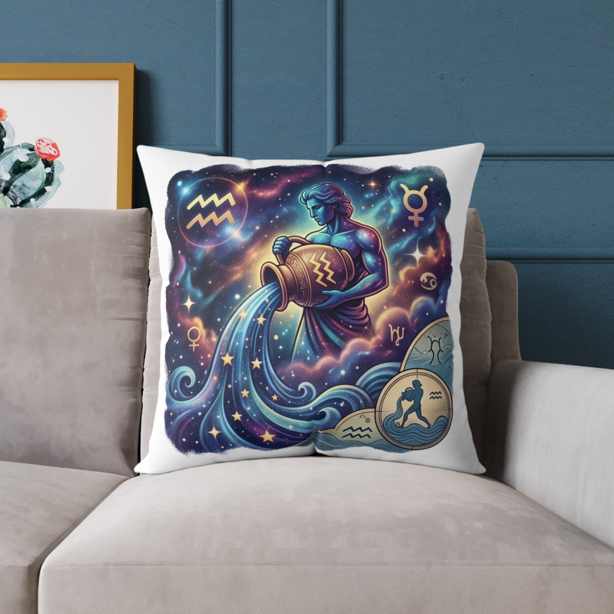 Aquarius Zodiac Pillow – Illustrated Astrological Water Bearer Throw Cushion