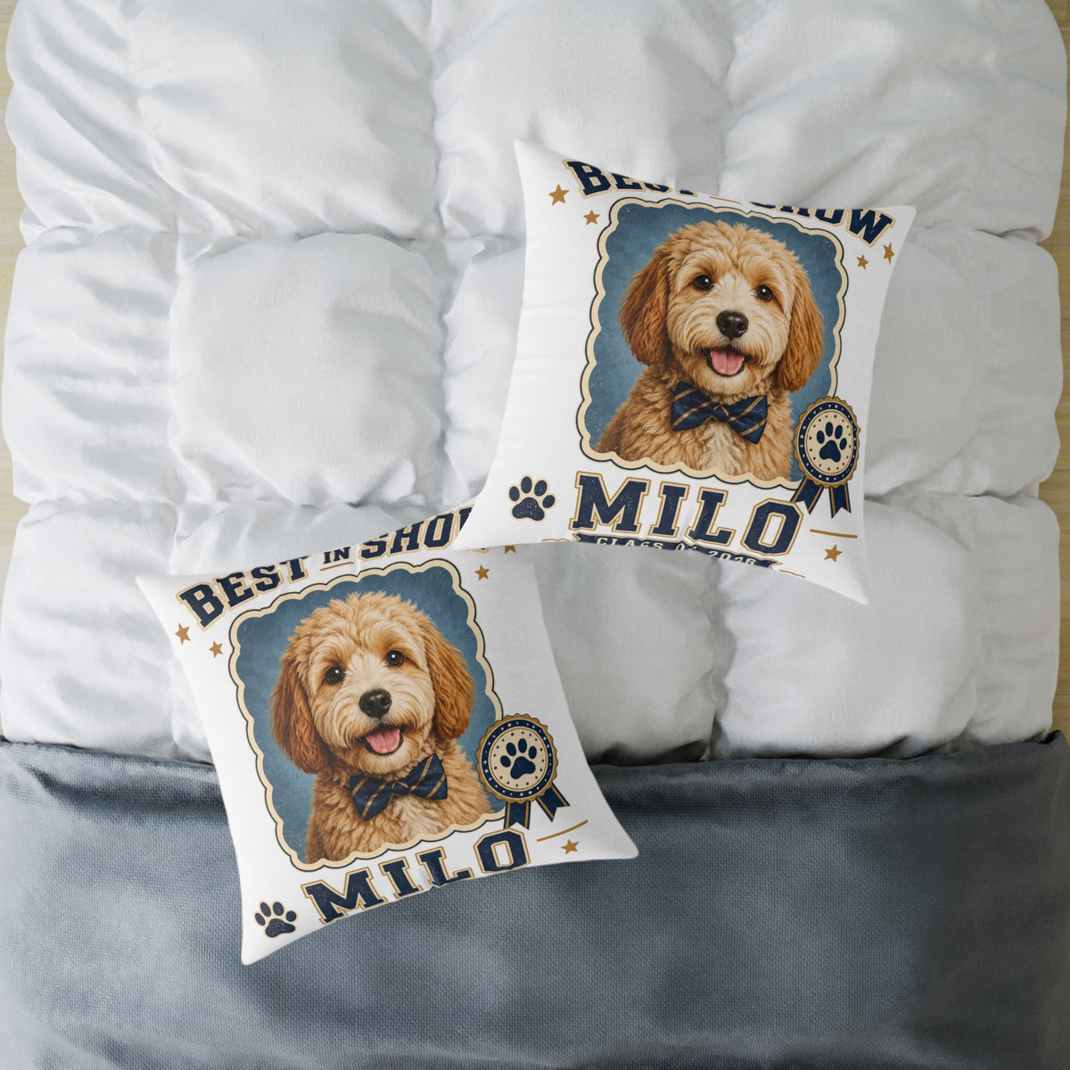 Milo Bailey Dog Dad Mom Square Pillow — 'Best in Show' Personalized Dog Portrait (Milo)
