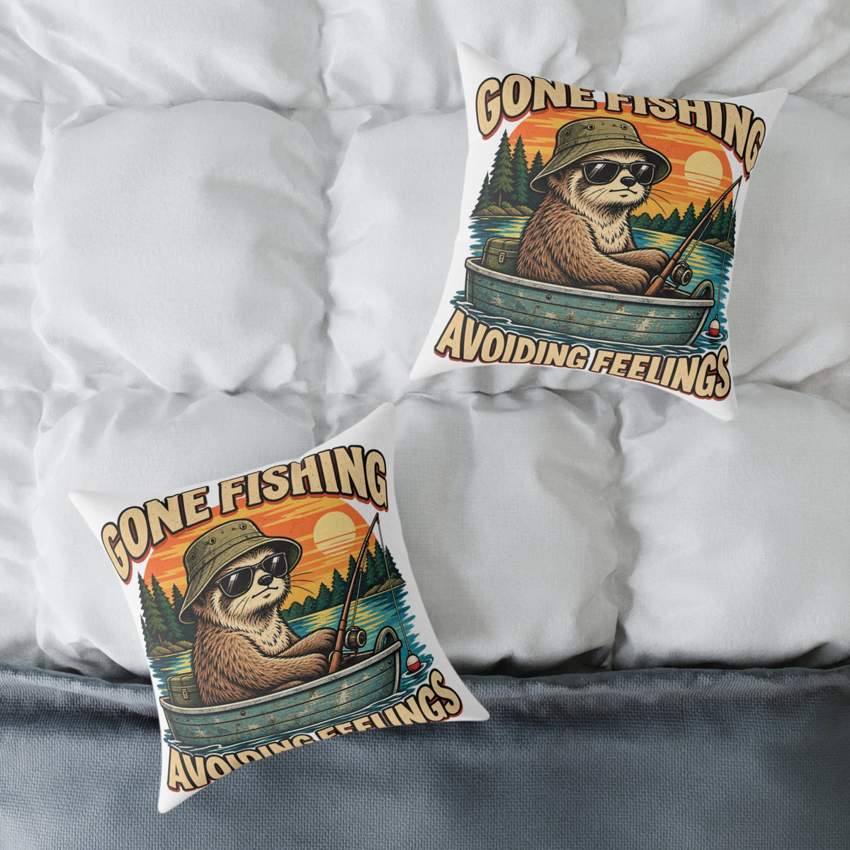 Gone Fishing Pillow —Funny  'Gone Fishing, Avoiding Feelings' Sloth Fishing Decorative Throw Pillow
