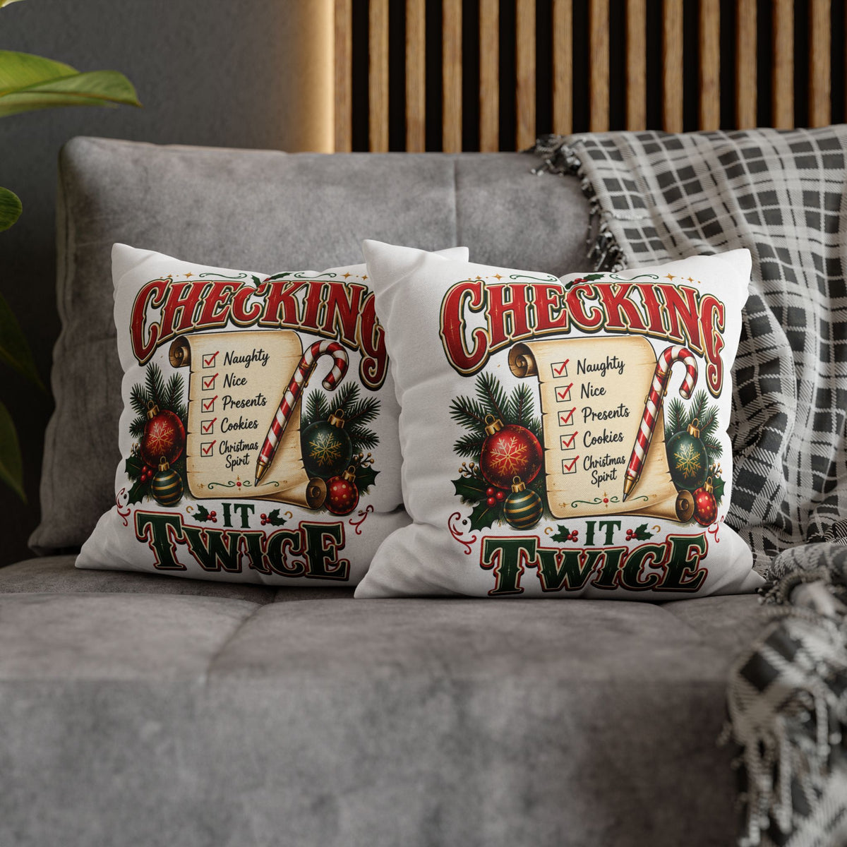 Checking It Twice Christmas Pillowcase — Festive Holiday Checklist Throw Pillow Cover