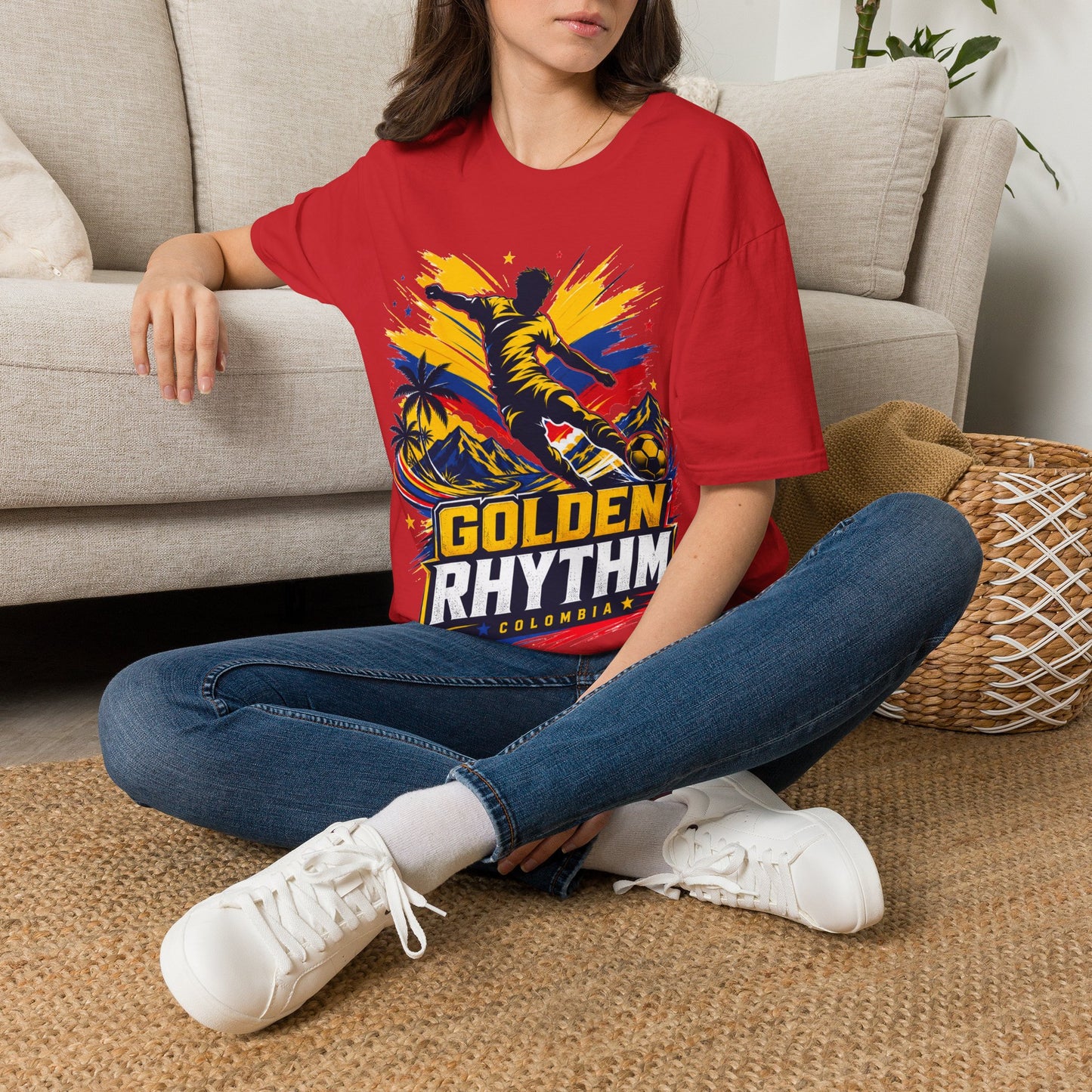 Columbia Soccer Player Graphic T-Shirt — "Golden Rhythm" Vibrant Beach Soccer Tee