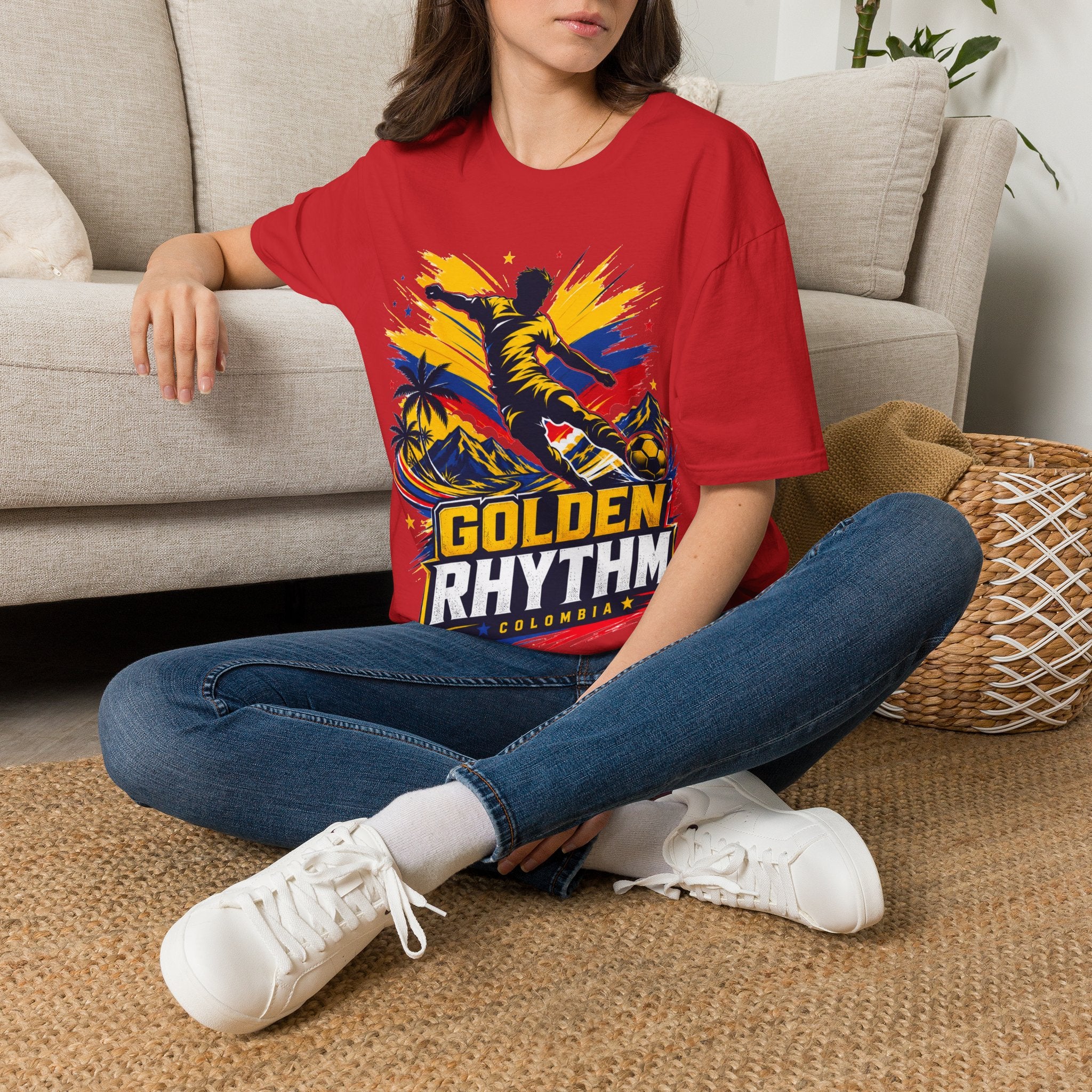 Columbia Soccer Player Graphic T-Shirt — "Golden Rhythm" Vibrant Beach Soccer Tee