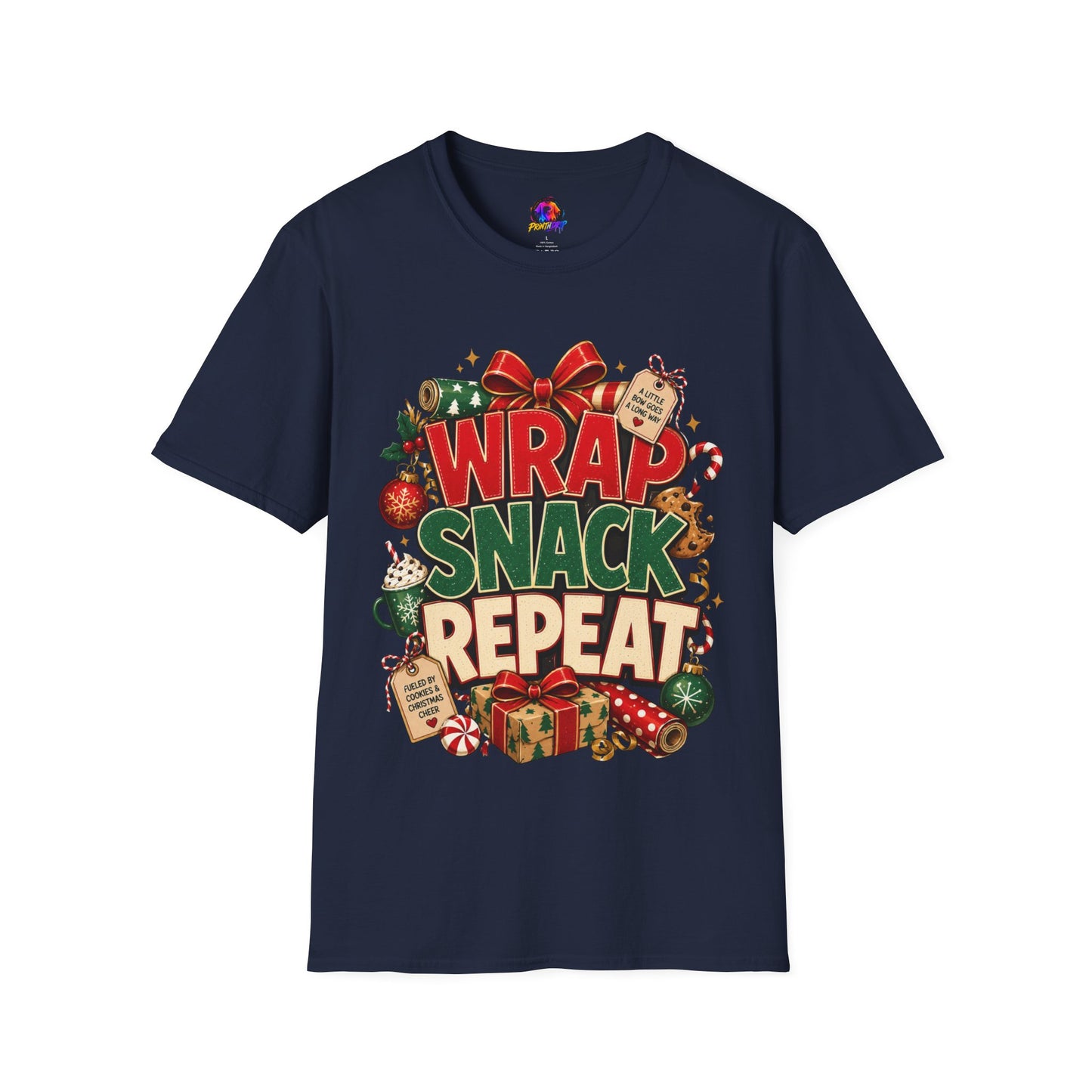 T-Shirt — "Wrap Snack Repeat" Christmas Graphic Tee