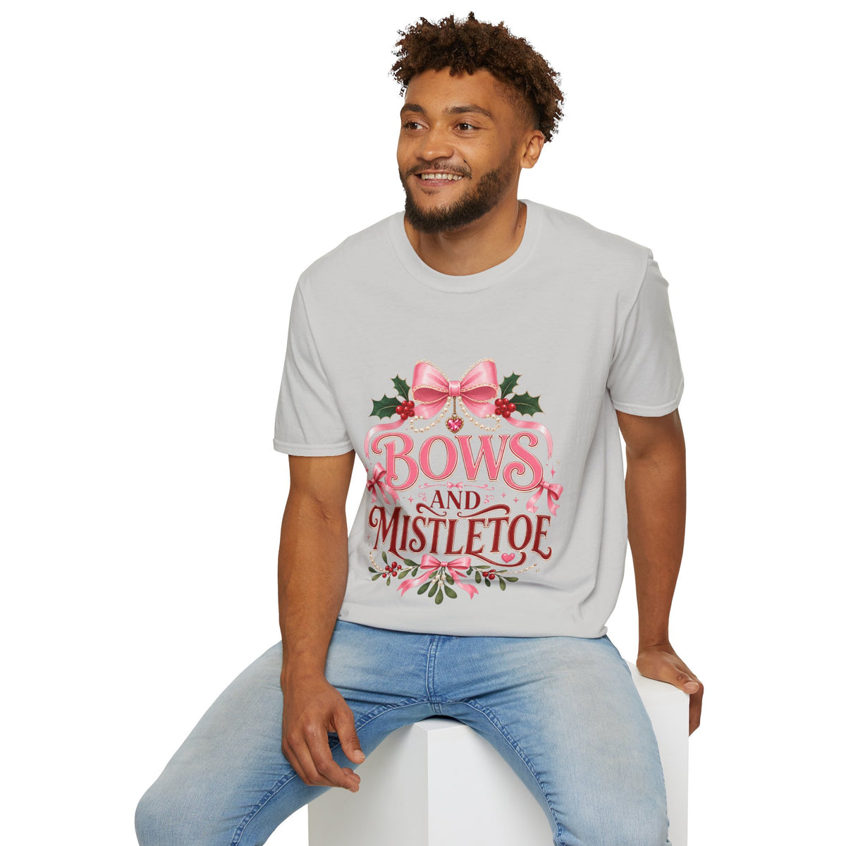 Bows and Mistletoe T-Shirt — Pink Holiday Bow Christmas Tee