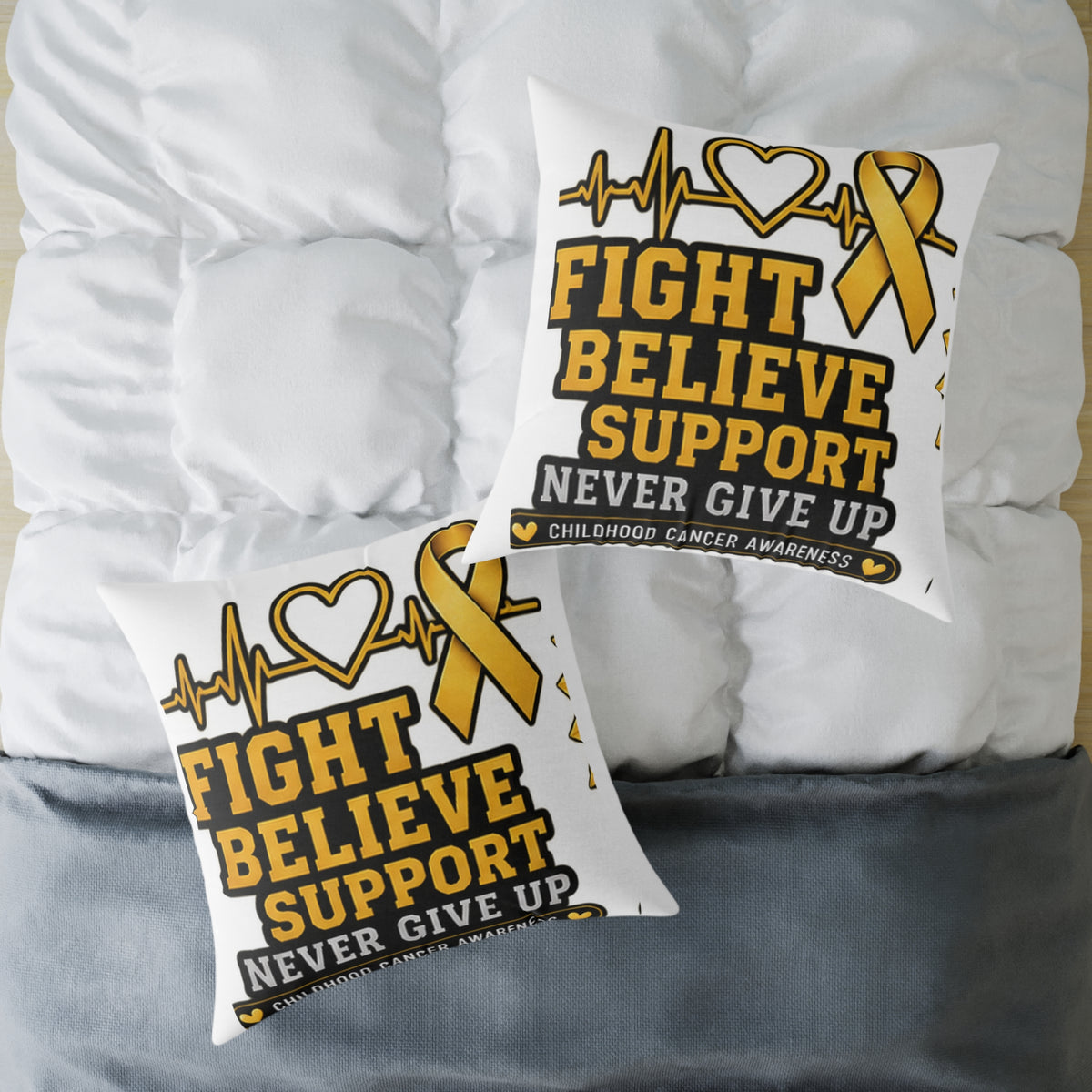 Childhood Cancer Awareness Pillow - "Fight Believe Support Never Give Up" Gold Ribbon Accent
