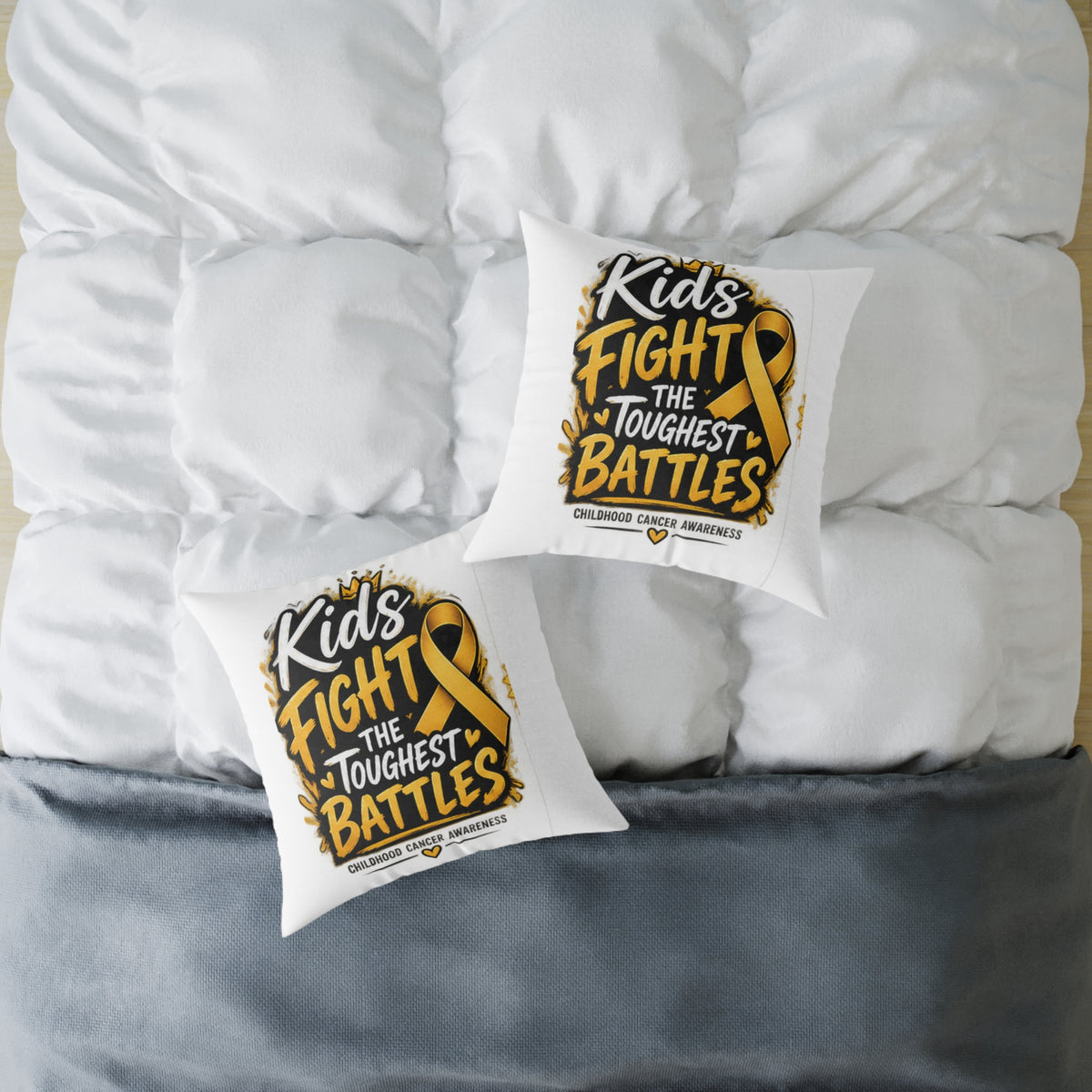Square Throw Pillow – Kids Fight the Toughest Battles (Childhood Cancer Awareness Gold Ribbon)