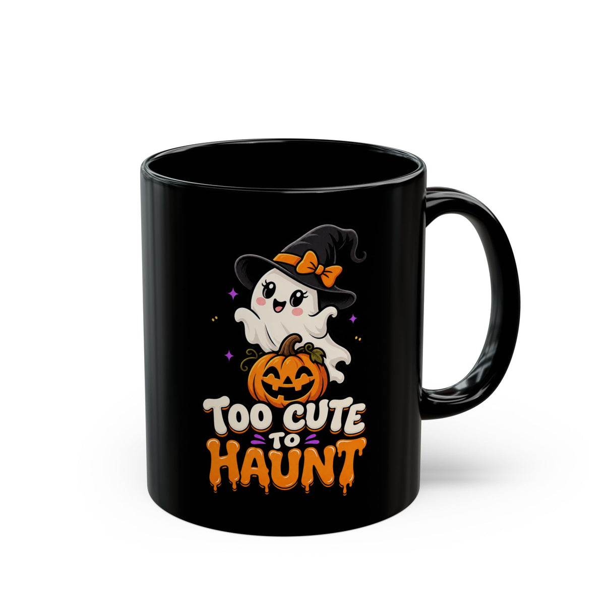 Too Cute to Haunt Halloween Mug — Black Ghost & Pumpkin Coffee Cup (11oz/15oz)