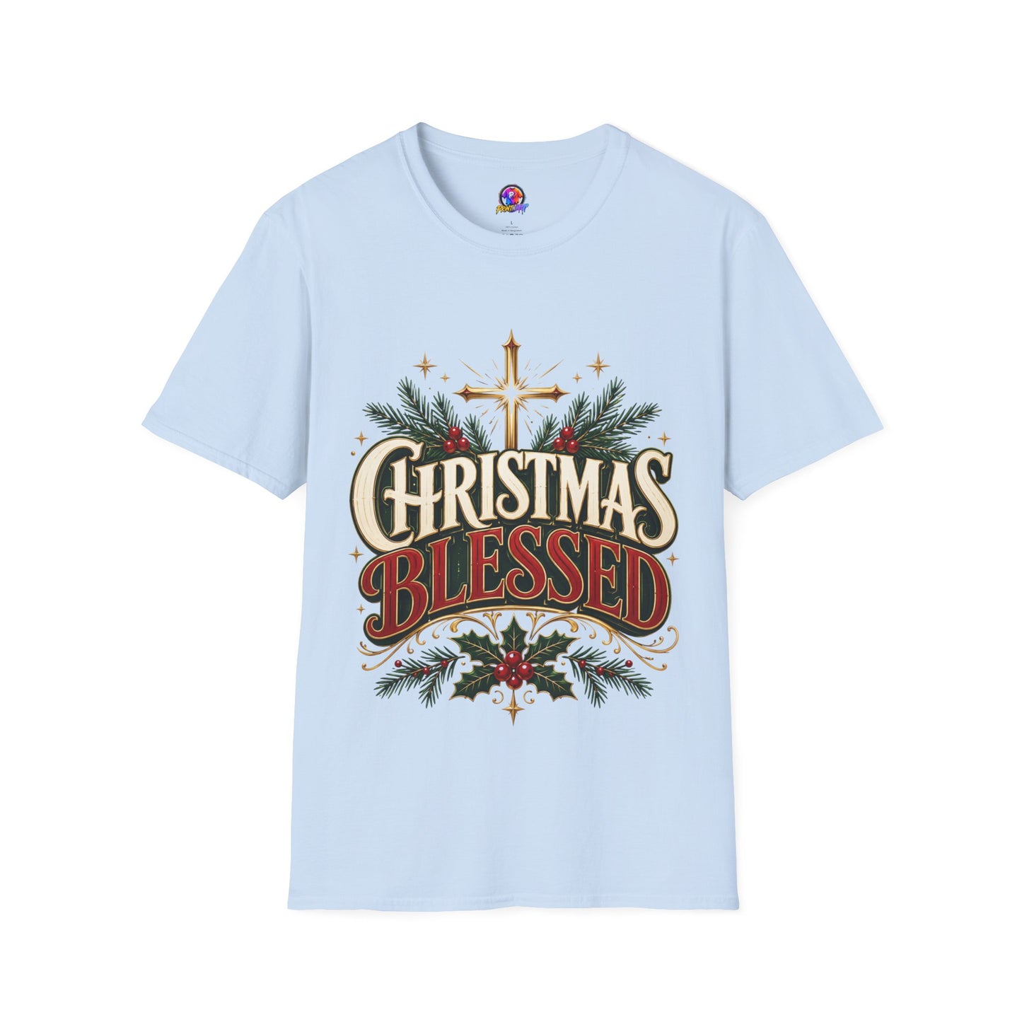 Christmas Blessed T-Shirt — Faith-Based Holiday Tee with Cross & Pine Design