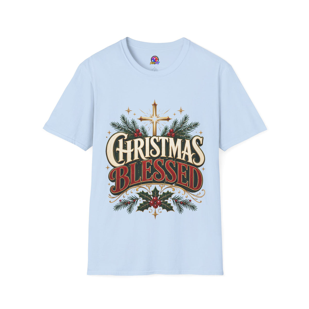 Christmas Blessed T-Shirt — Faith-Based Holiday Tee with Cross & Pine Design
