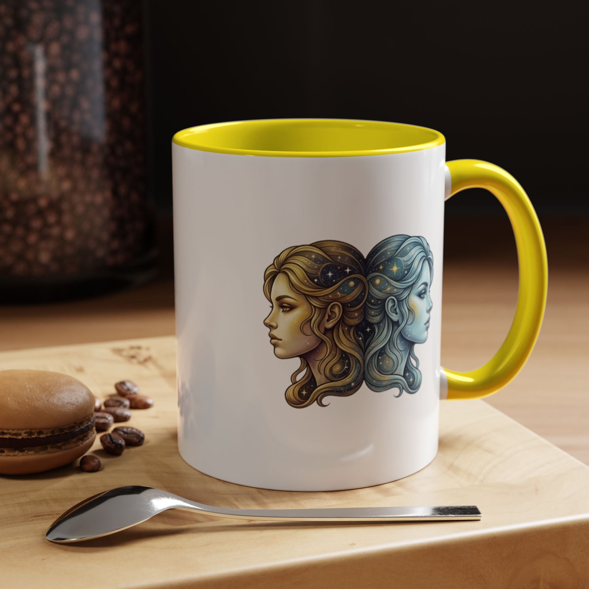Gemini Zodiac Accent Coffee Mug — Dual Faces Astrology Design