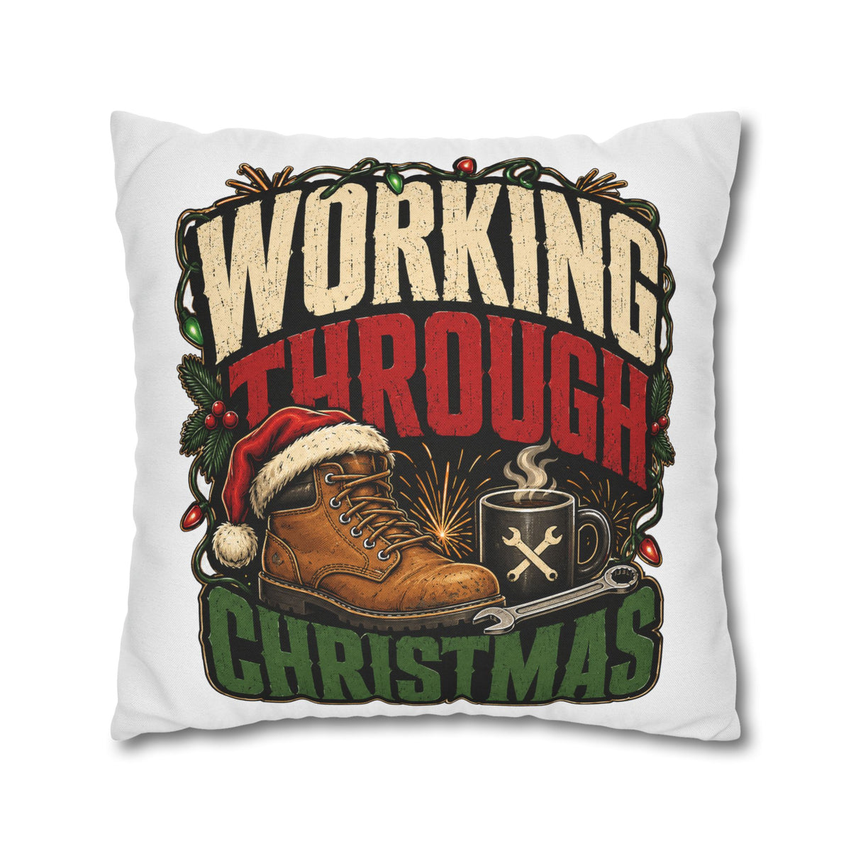 Christmas Work Boots Pillowcase Modern Day Christmas  – "Working Through Christmas" Holiday Throw Pillow Cover