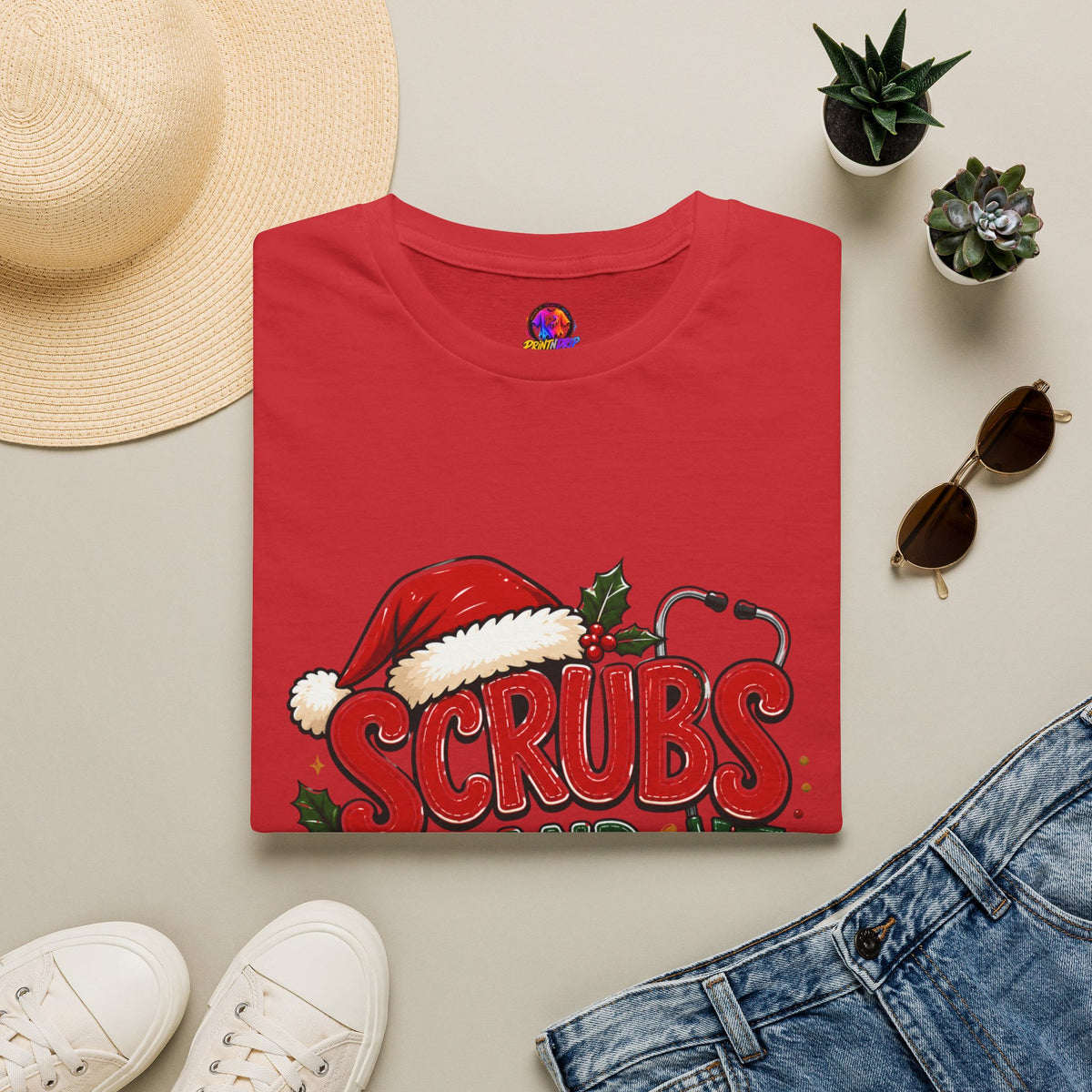 Scrubs and Santa Christmas Tee — Funny Nurse Holiday T-Shirt