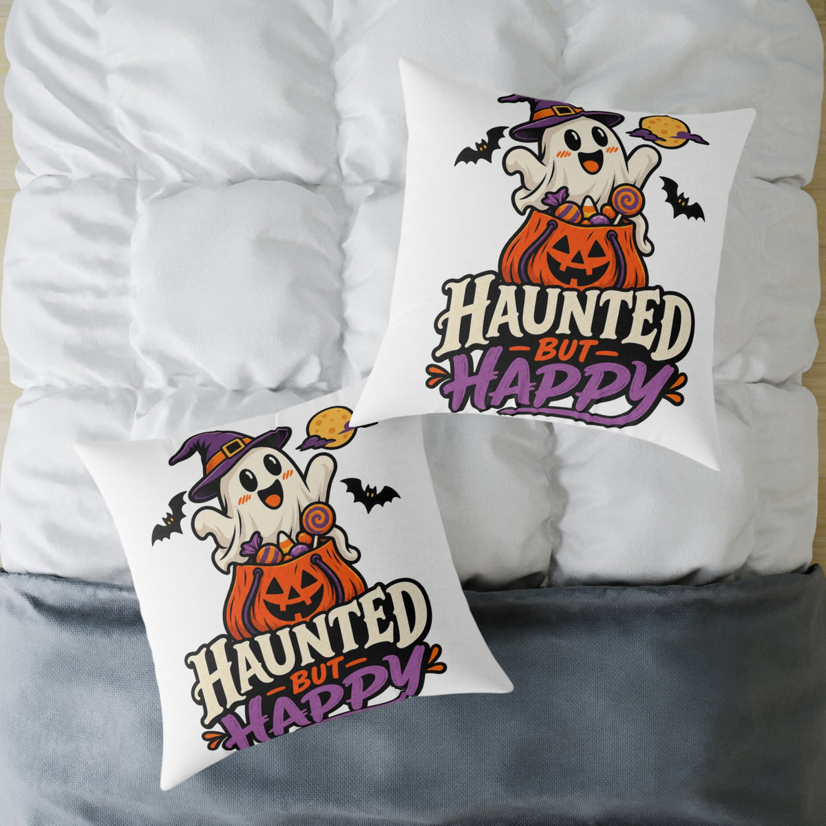 Halloween Ghost Pumpkin Pillow — "Haunted But Happy" Square Throw Pillow