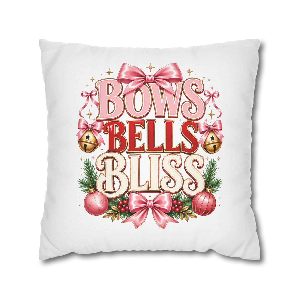 Christmas Bows Bells Bliss Decorative Pillowcase — Pink Christmas Holiday Throw Pillow Cover