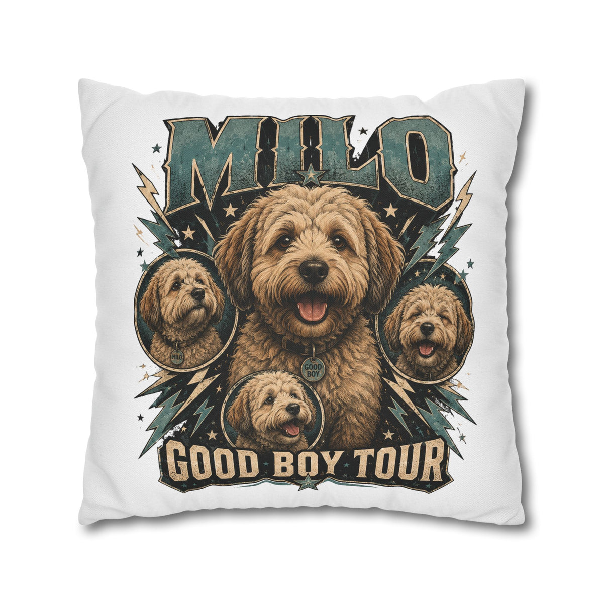 Milo "Good Boy Tour" Decorative Pillowcase — Cute Dog Portrait Square Throw Pillowcase Milo Bailey Dog Dad Mom