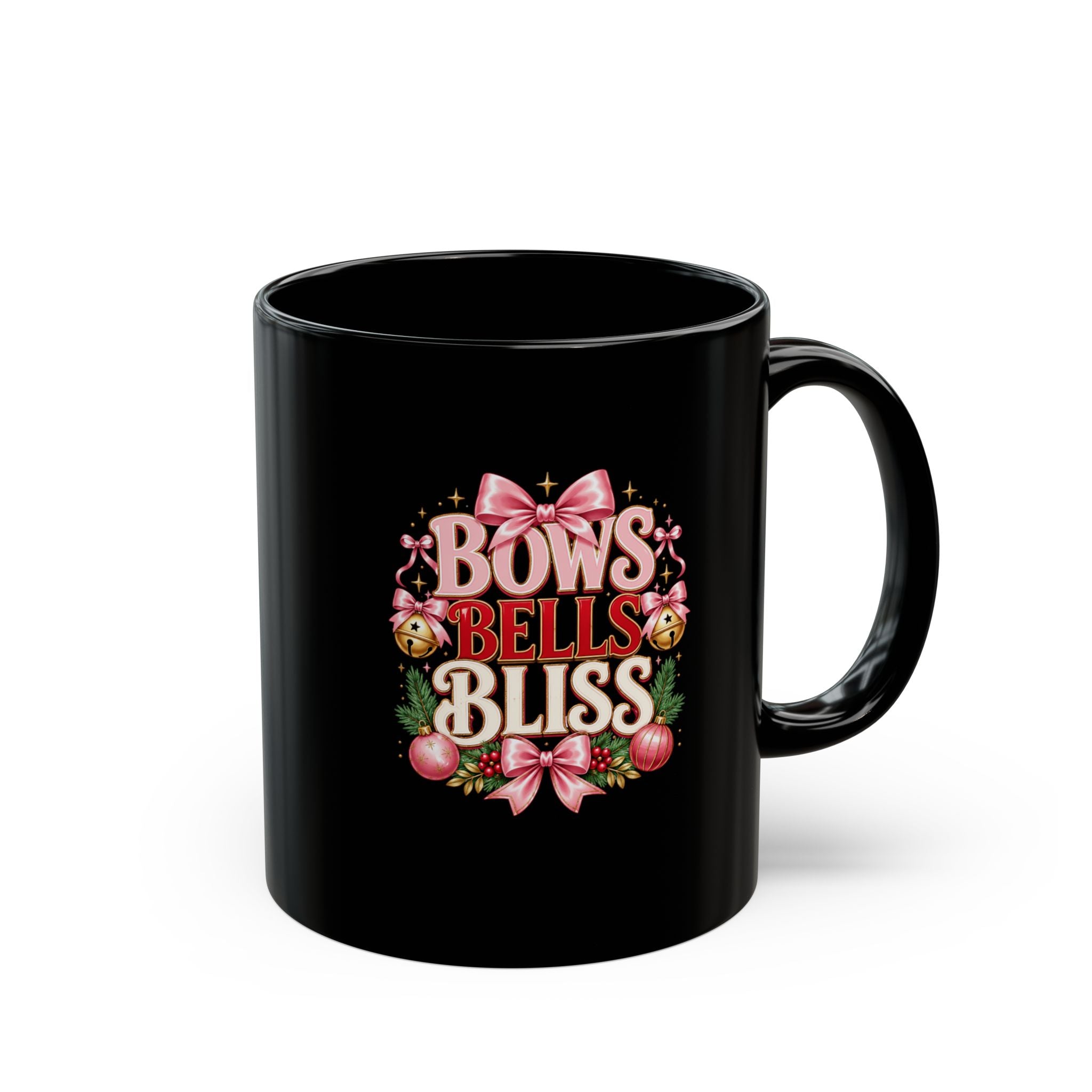 Christmas Mug — "Bows Bells Bliss" Festive Holiday Coffee Cup