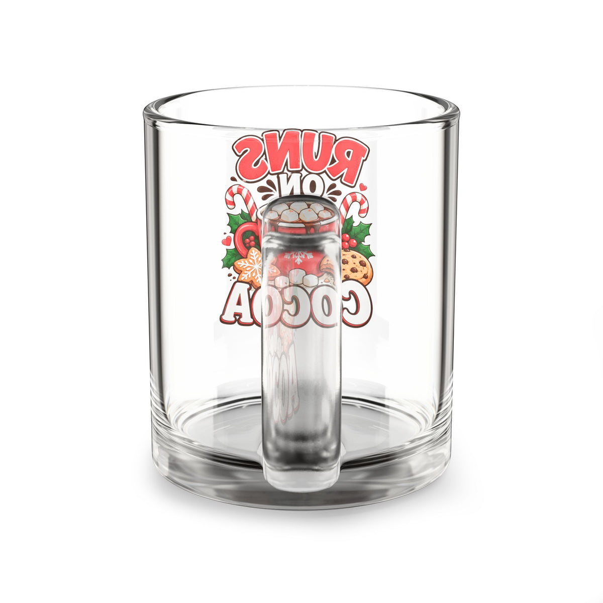 Christmas Glass Mug 10 oz Glass Mug — "Runs On Cocoa" Holiday Hot Chocolate Glass Mug, 10oz