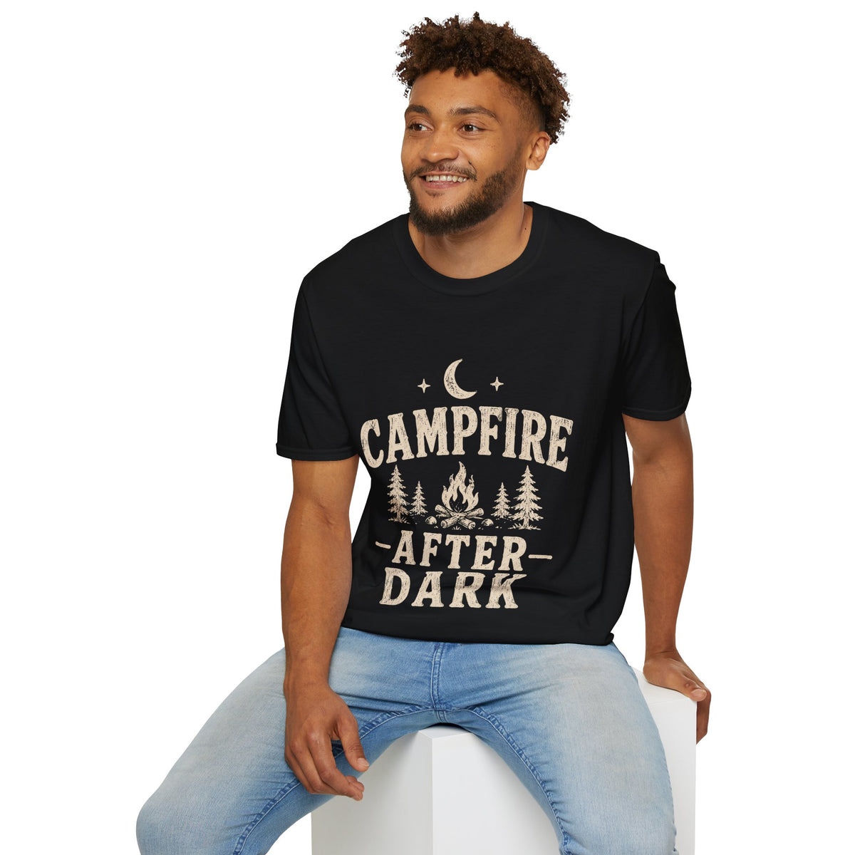 Campfire After Dark T-Shirt — Cozy Camping Moon & Trees Graphic