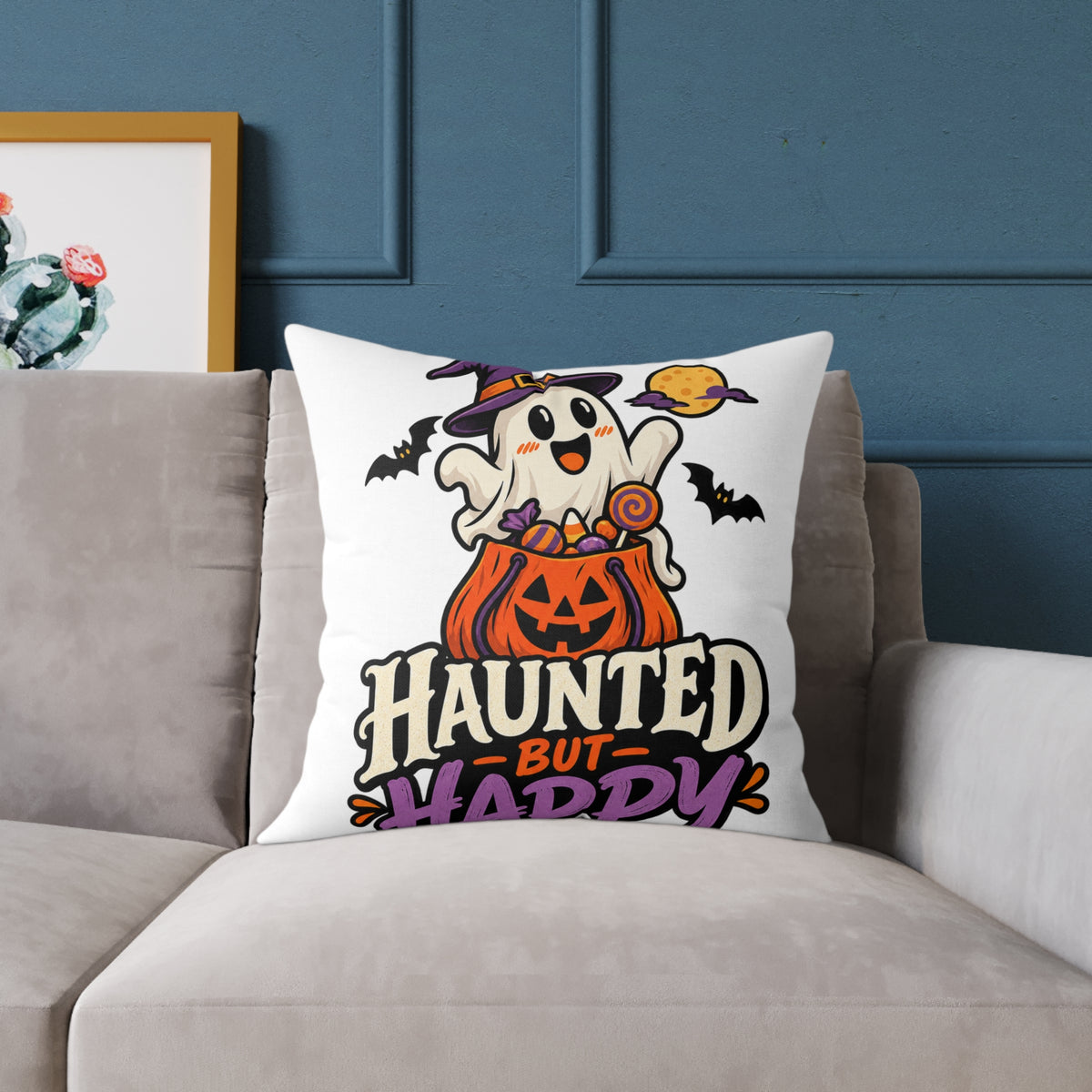 Halloween Ghost Pumpkin Pillow — "Haunted But Happy" Square Throw Pillow
