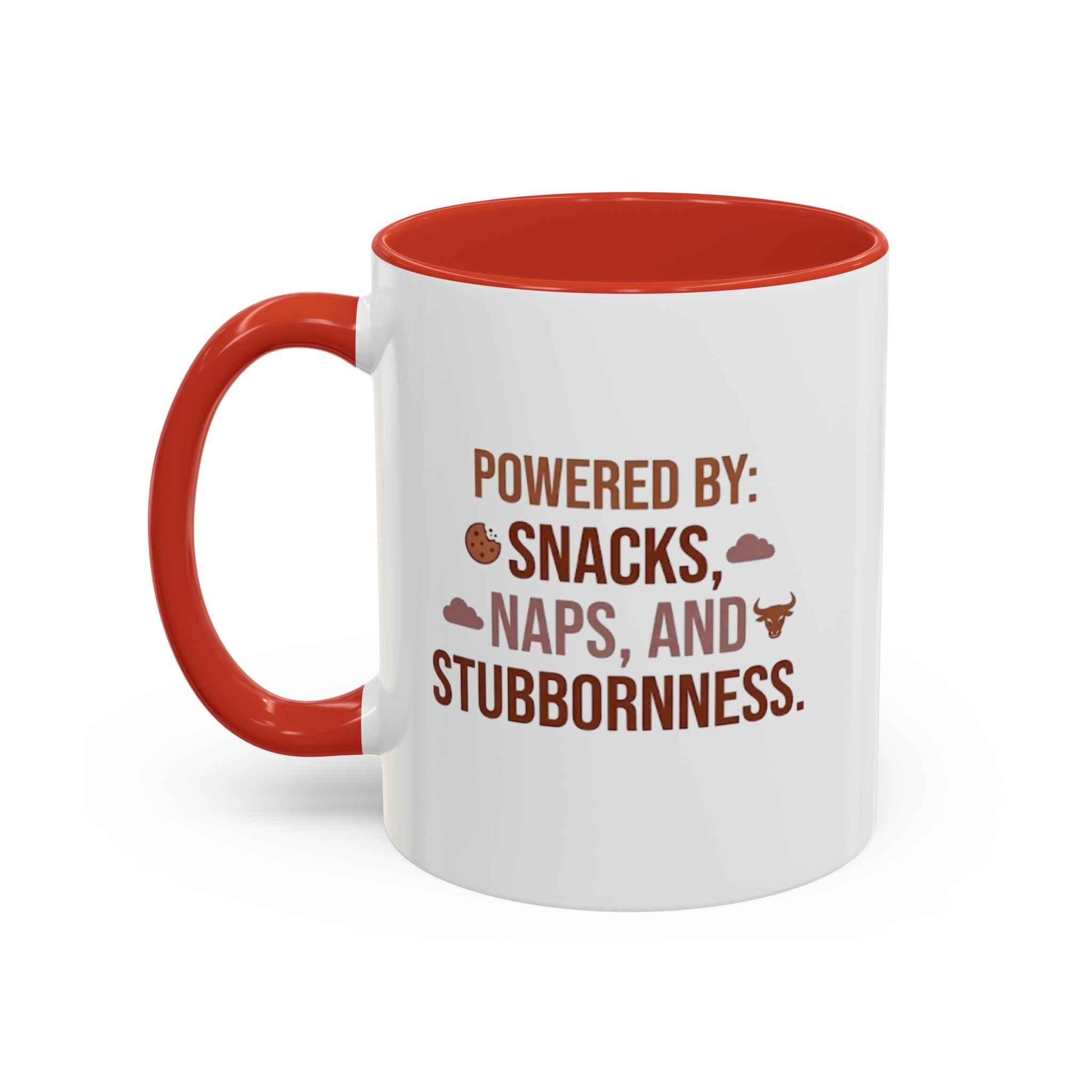 Coffee Mug — "Powered by: Snacks, Naps, and Stubbornness" Ceramic Accent Mug