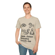 "Look Listen Breathe" Five Senses Mindfulness Tee - Minimalist Aesthetic Wellness White T-Shirt - Trending Now - September 2026