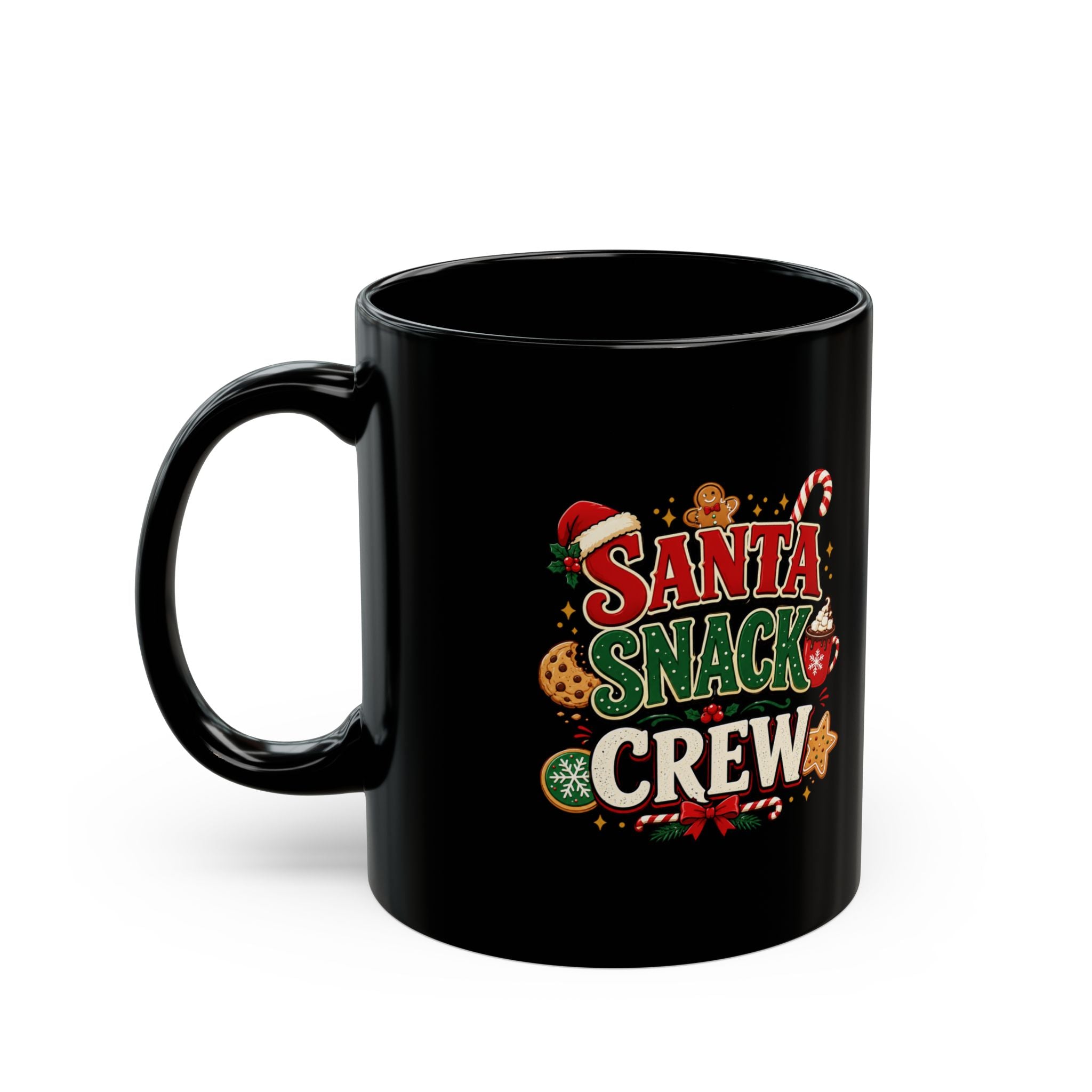 Santa Snack Crew Black Mug — Christmas Holiday Coffee Cup