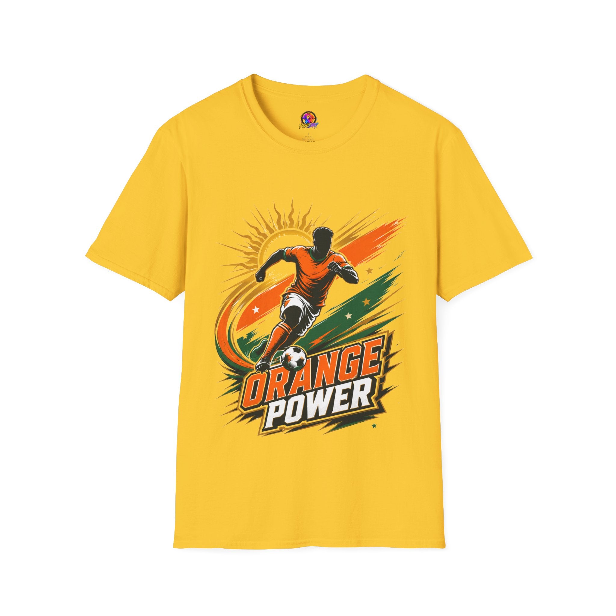 Côte d'Ivoire Orange Power Soccer T-Shirt — Dynamic Player Graphic Tee