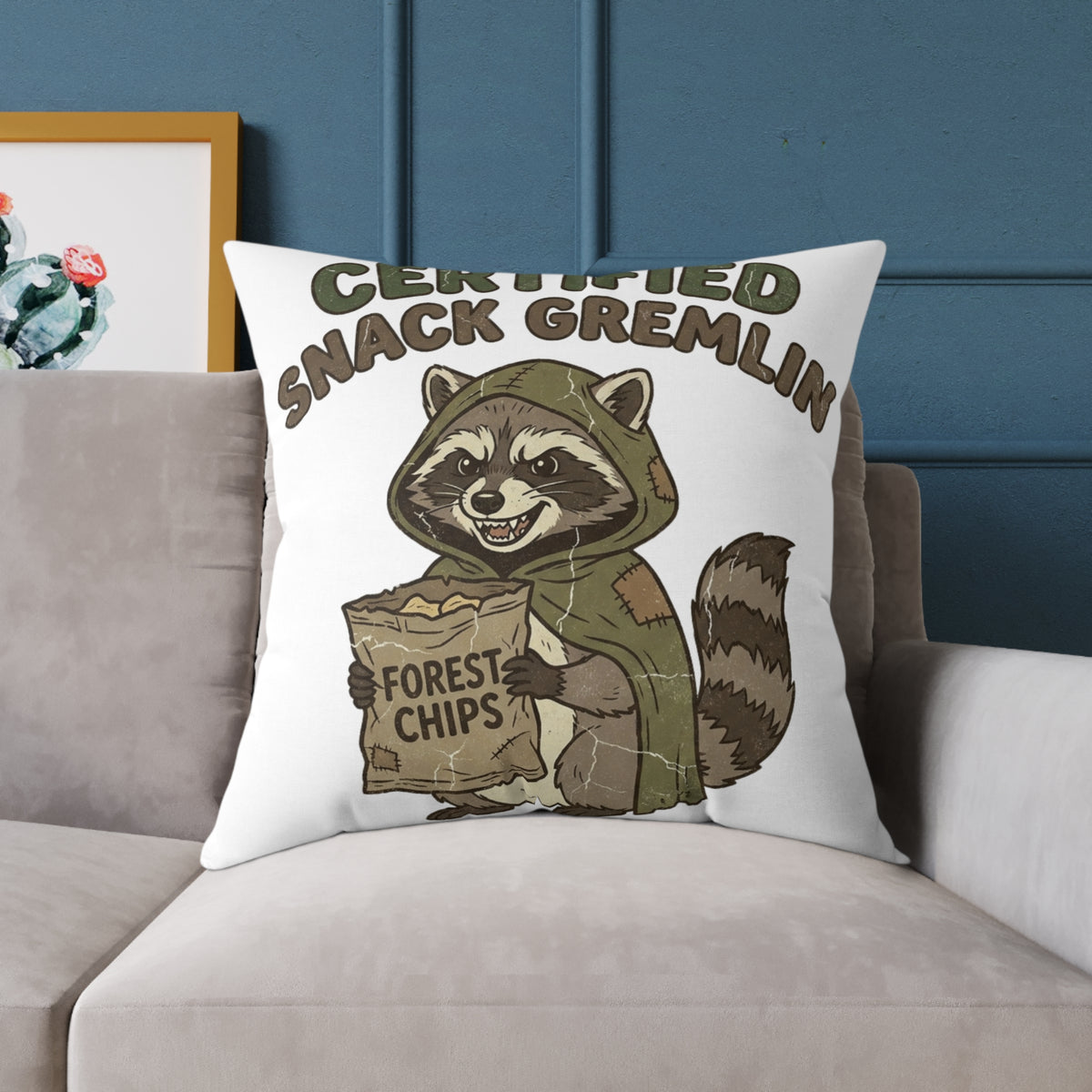 Funny Certified Snack Gremlin Raccoon Pillow — Cute Animal Snack Lover Throw Pillow