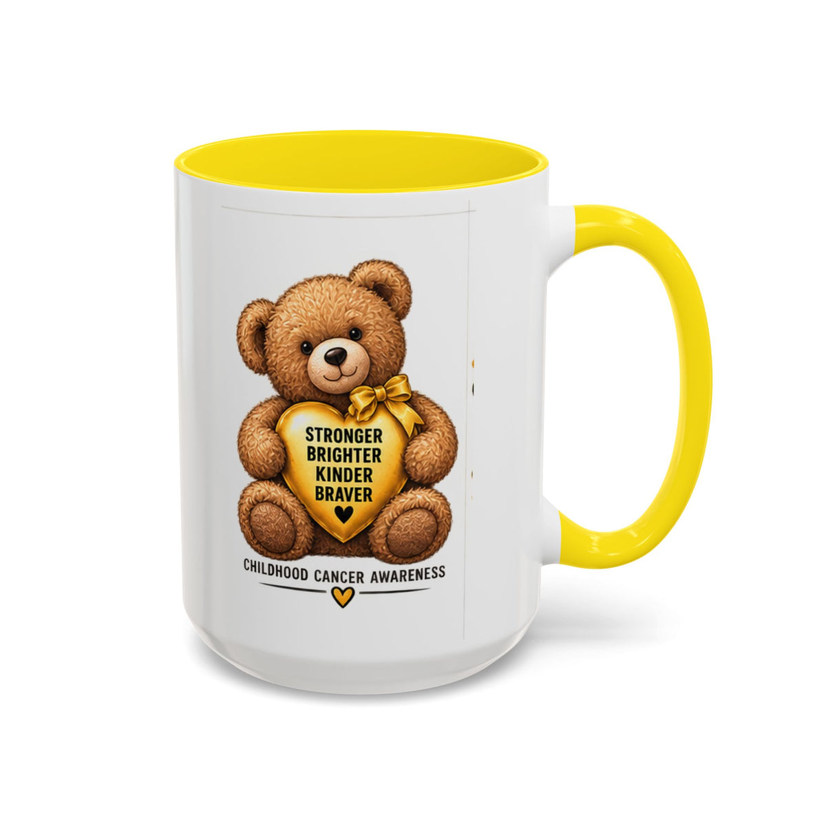 Childhood Cancer Awareness Coffee Mug — 'Stronger Brighter Kinder Braver' Teddy