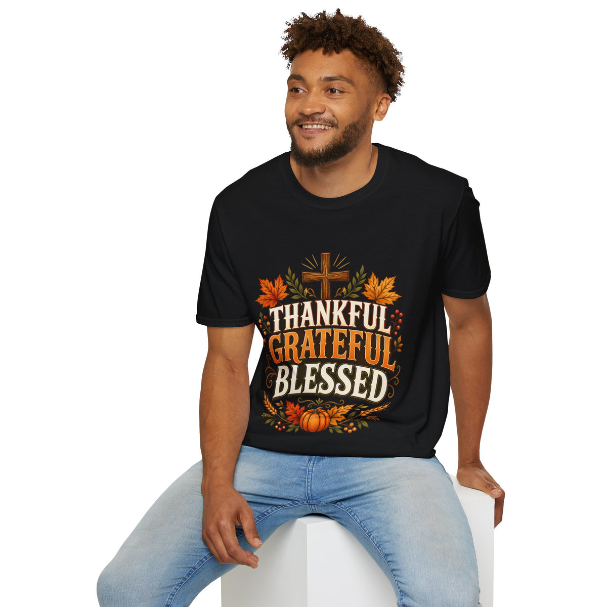 Thanksgiving T-Shirt Thankful Grateful Blessed T-Shirt — Fall Thanksgiving Christian Tee