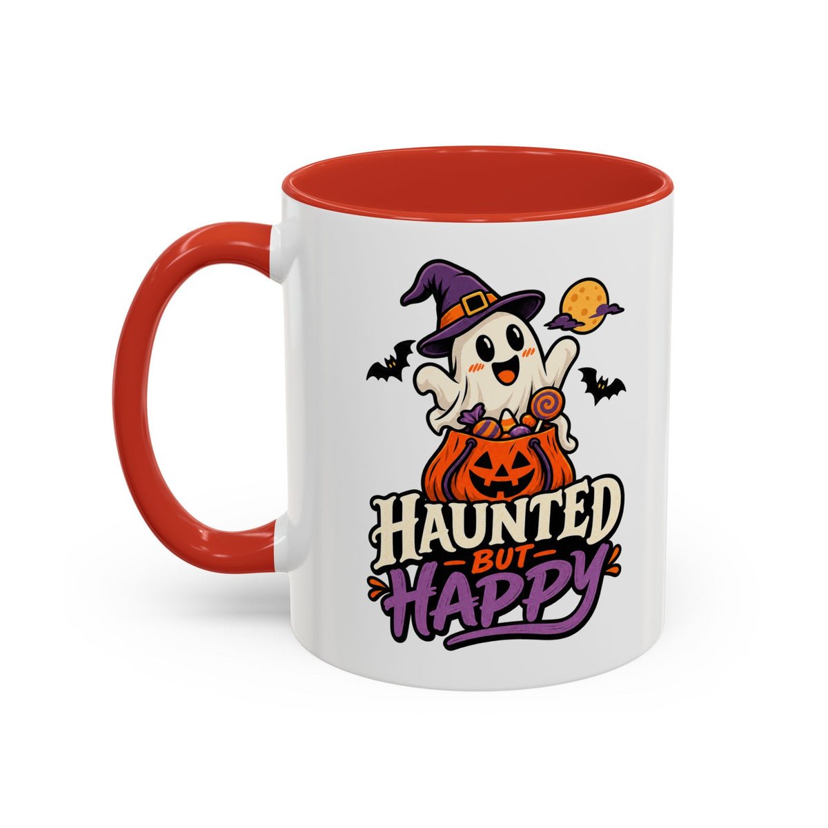 Haunted But Happy Coffee Mug — Halloween Ghost Pumpkin Accent Mug (11/15oz)