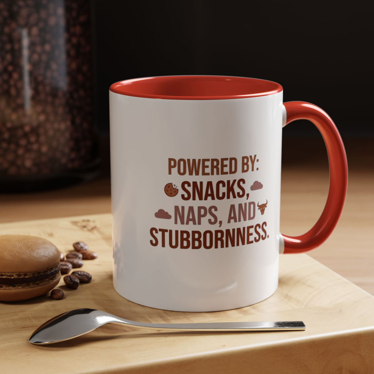 Taurus Coffee Mug - "Powered by Snacks, Naps, and Stubbornness" Accent Ceramic Mug