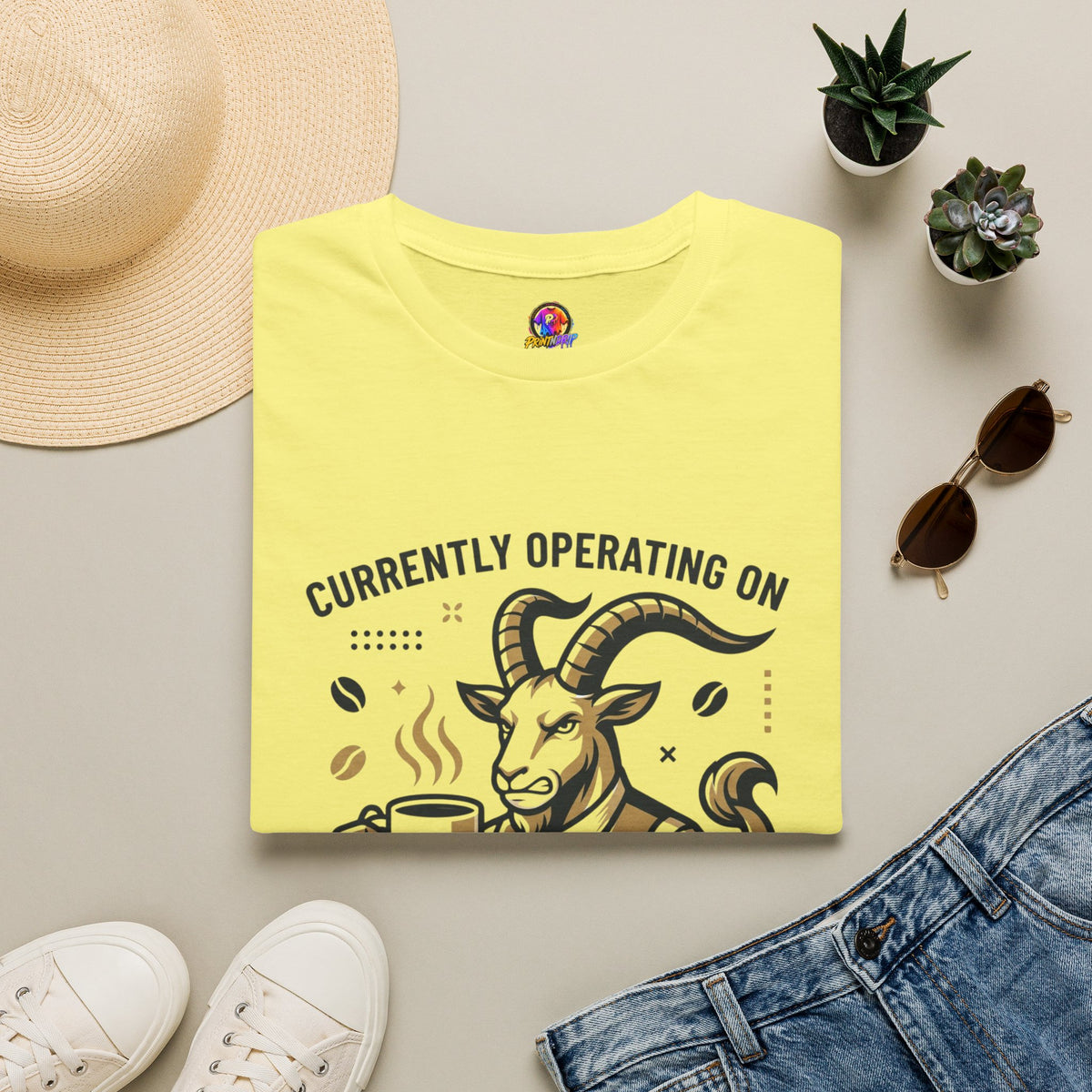 Capricorn T-Shirt — "Currently Operating on Caffeine and Spite" Zodiac Goat Tee