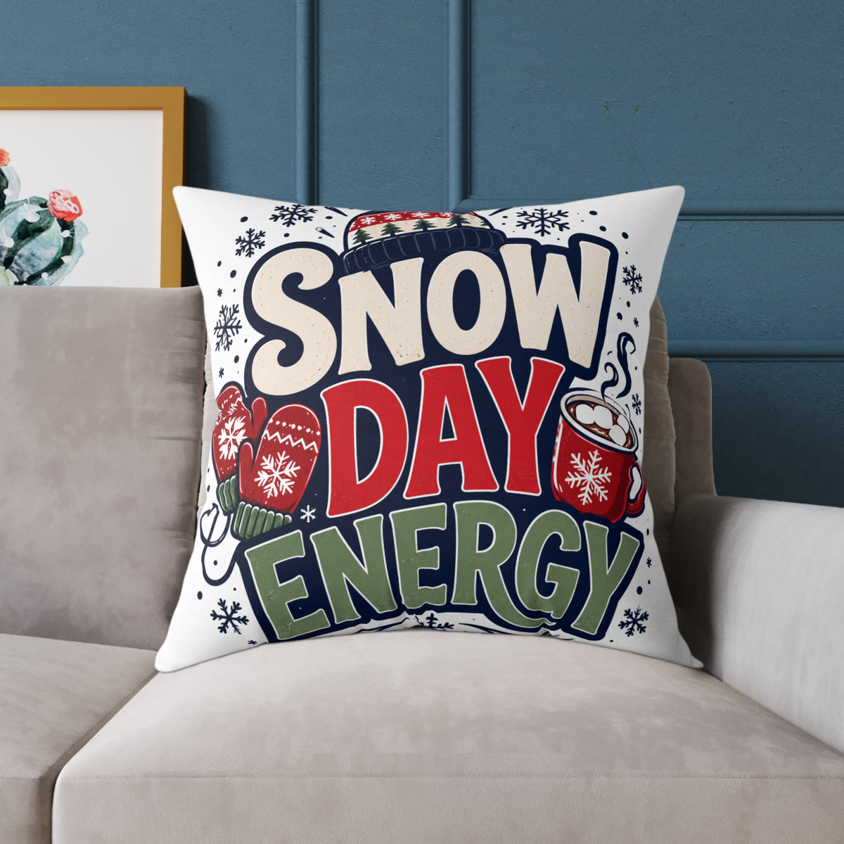 Christmas Snow Day Energy Pillow — Cozy Winter Decorative Throw Pillow with Holiday Mug & Mittens Design
