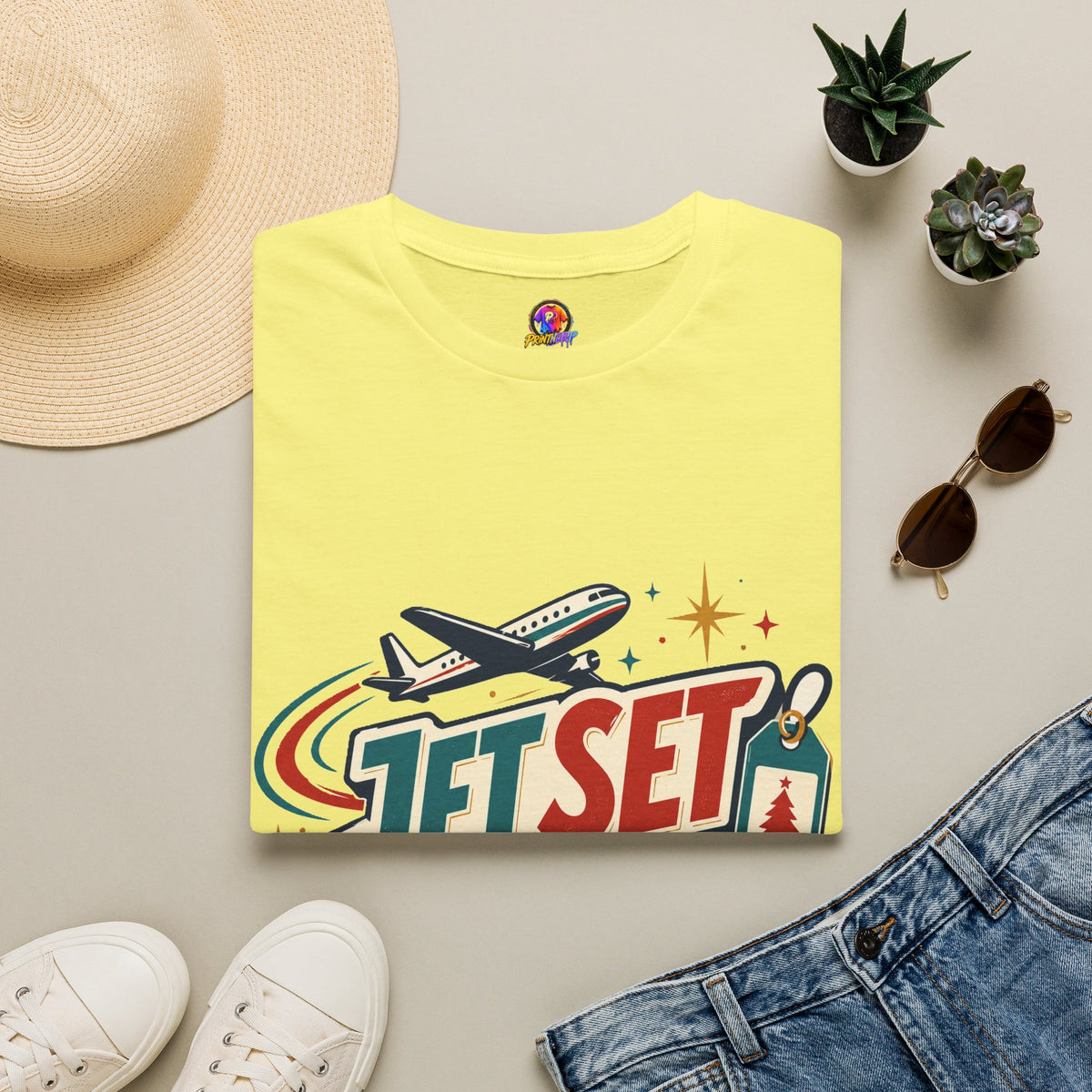Jet Set Jingle Travel T-Shirt — Retro Airplane Vacation Graphic